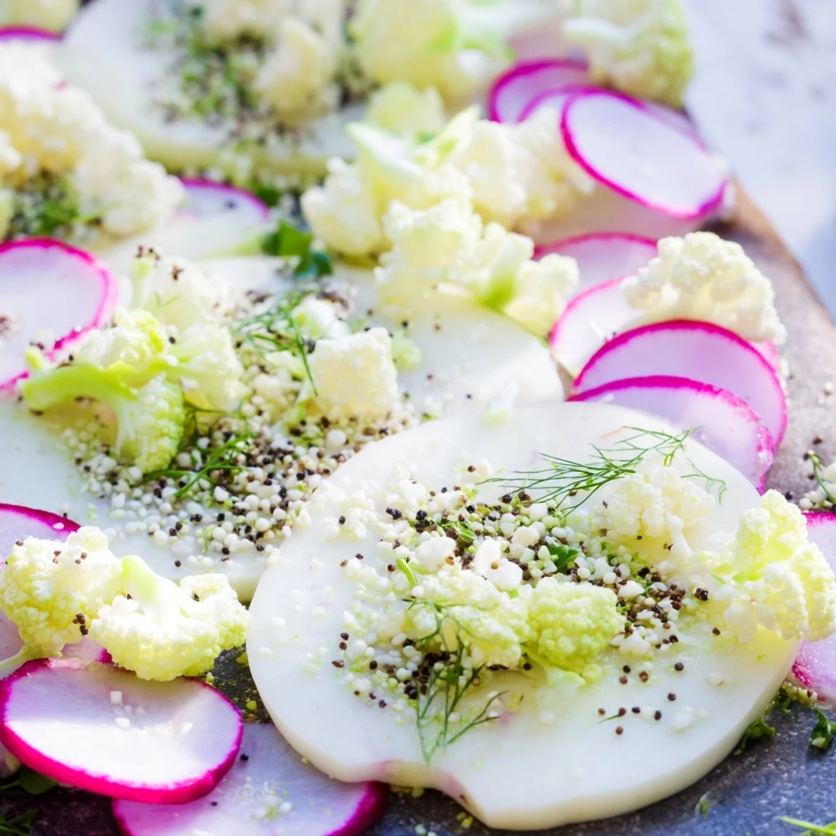 The Tundra Trek recipe: chilled vegetables, sesame seeds, and microgreens create an elegant appetizer.