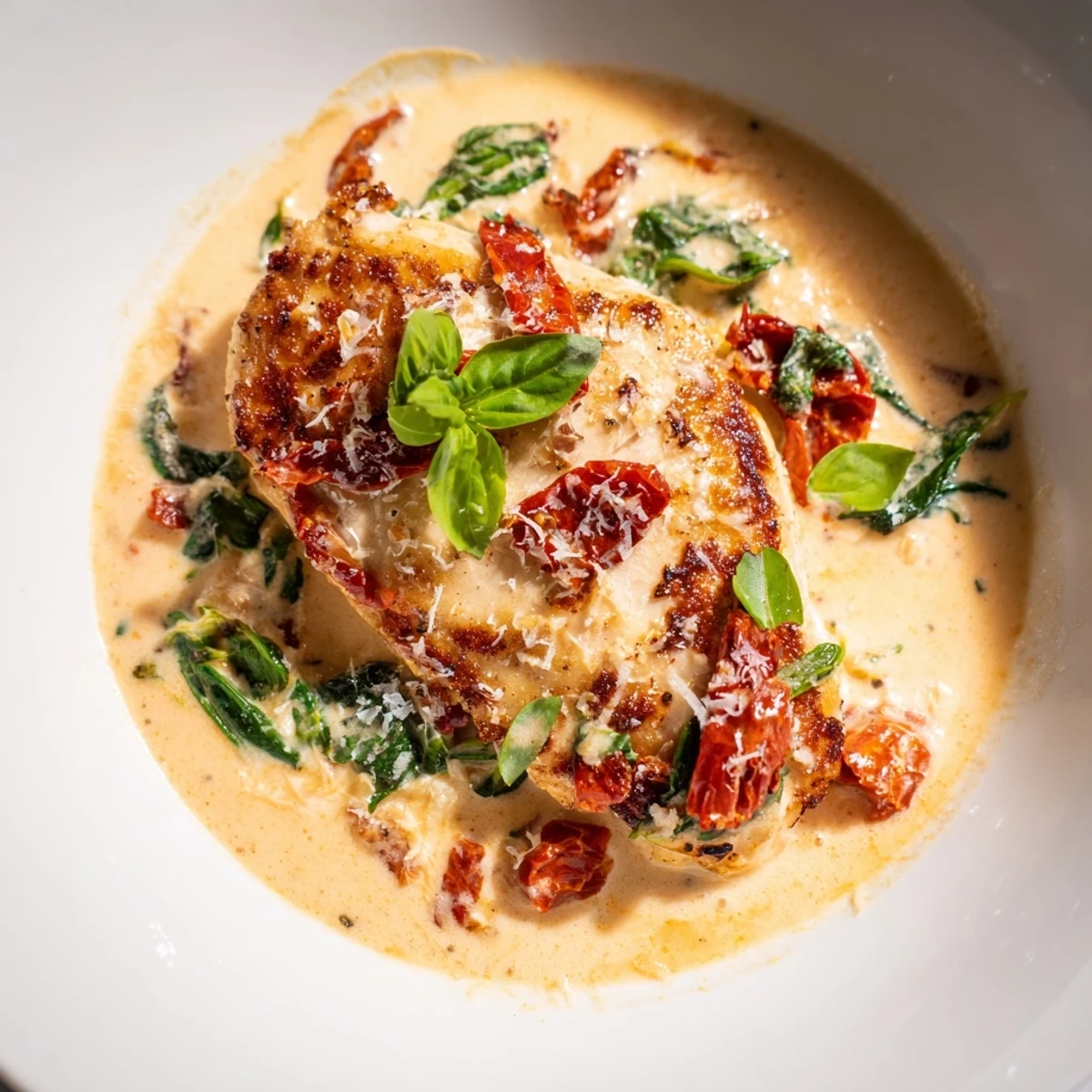 Creamy Sun-Dried Tomato Chicken Skillet features seared chicken in a rich, vibrant tomato sauce.