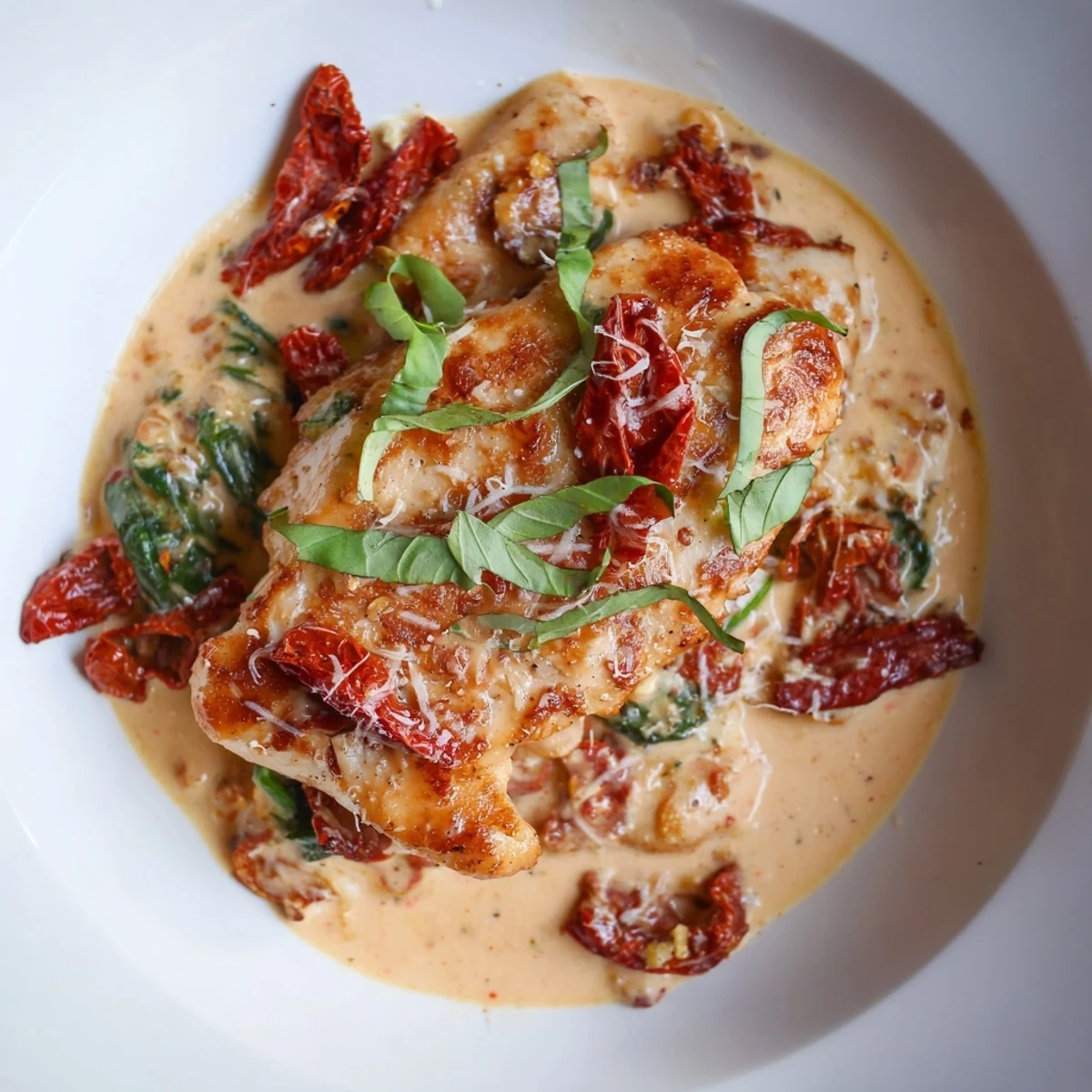 Vibrant photo of Creamy Sun-Dried Tomato Chicken Skillet, garnished with fresh basil, ready to eat.