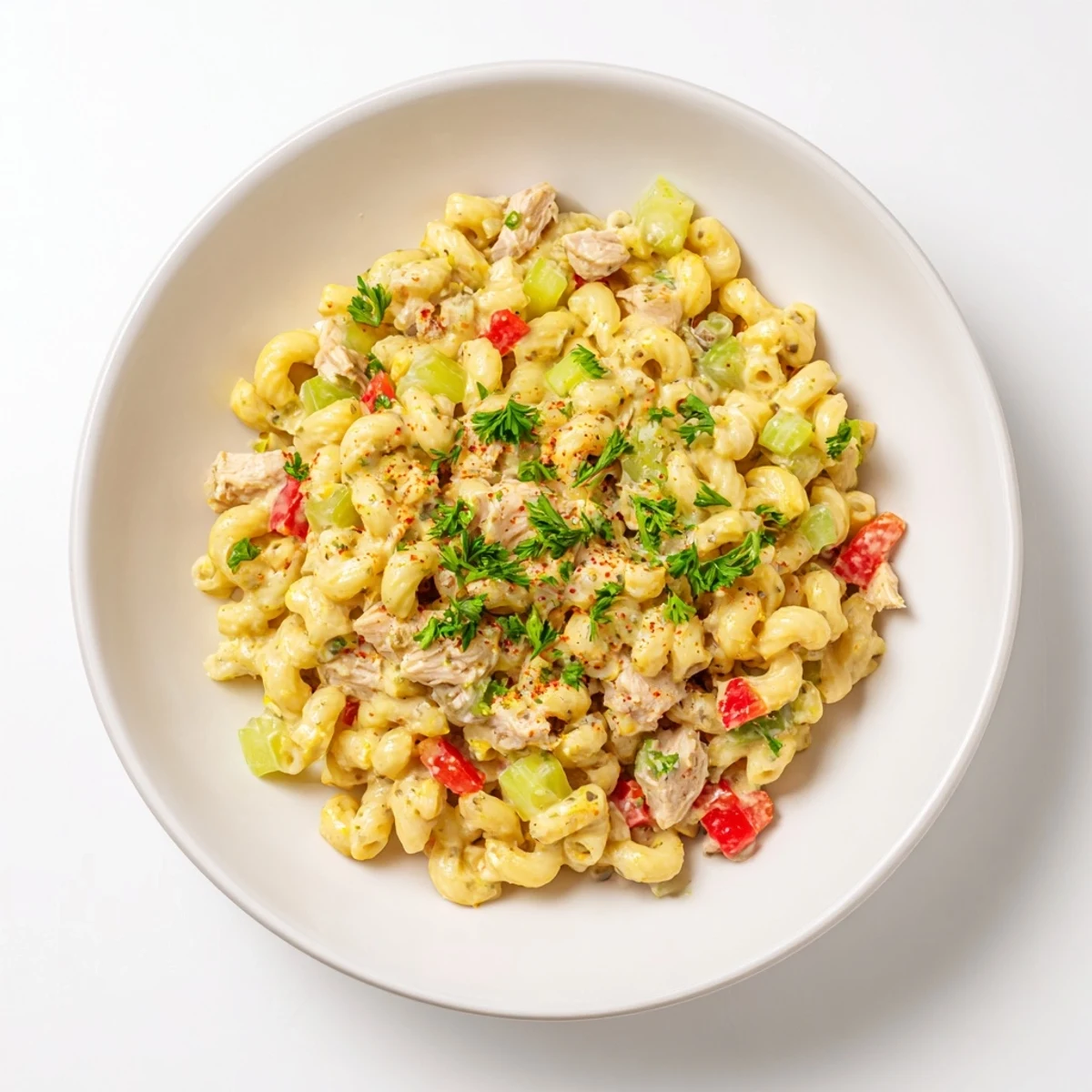 A creamy Chicken Macaroni Holiday Salad, with vibrant veggies and a tangy mustard dressing.