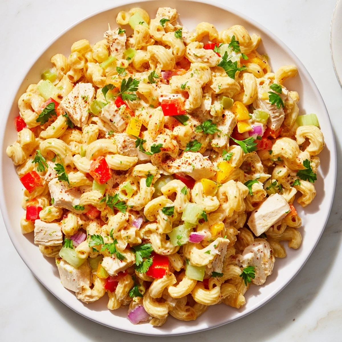 This delicious Chicken Macaroni Holiday Salad features tender chicken and macaroni, ready to enjoy cold.