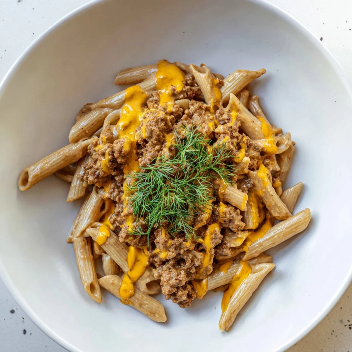 Steaming Turkish Pasta with Ground Turkey, topped with a flavorful paprika butter drizzle, ready to serve.