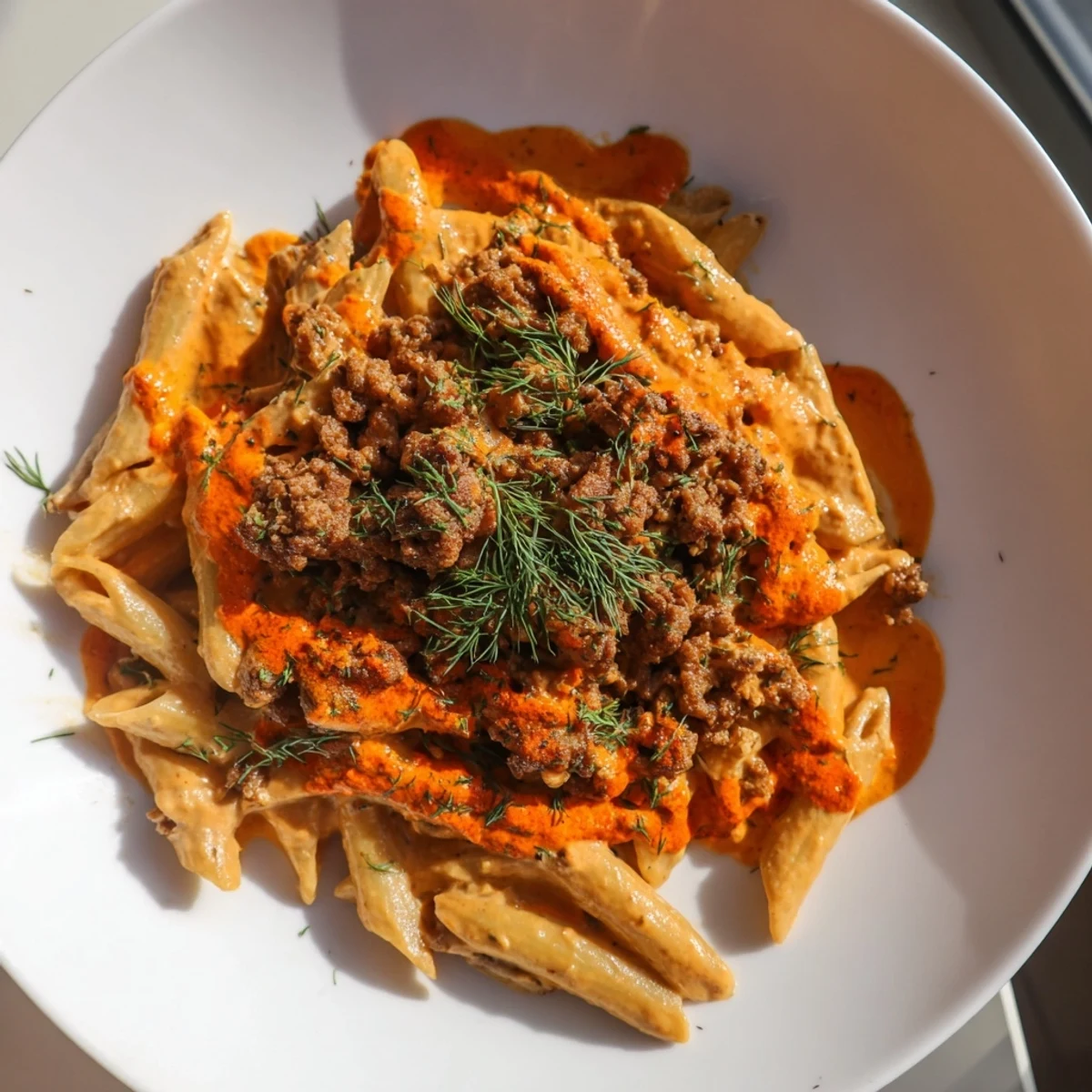 Bright, appetizing Turkish Pasta with Ground Turkey featuring creamy yogurt and fresh parsley for garnish.