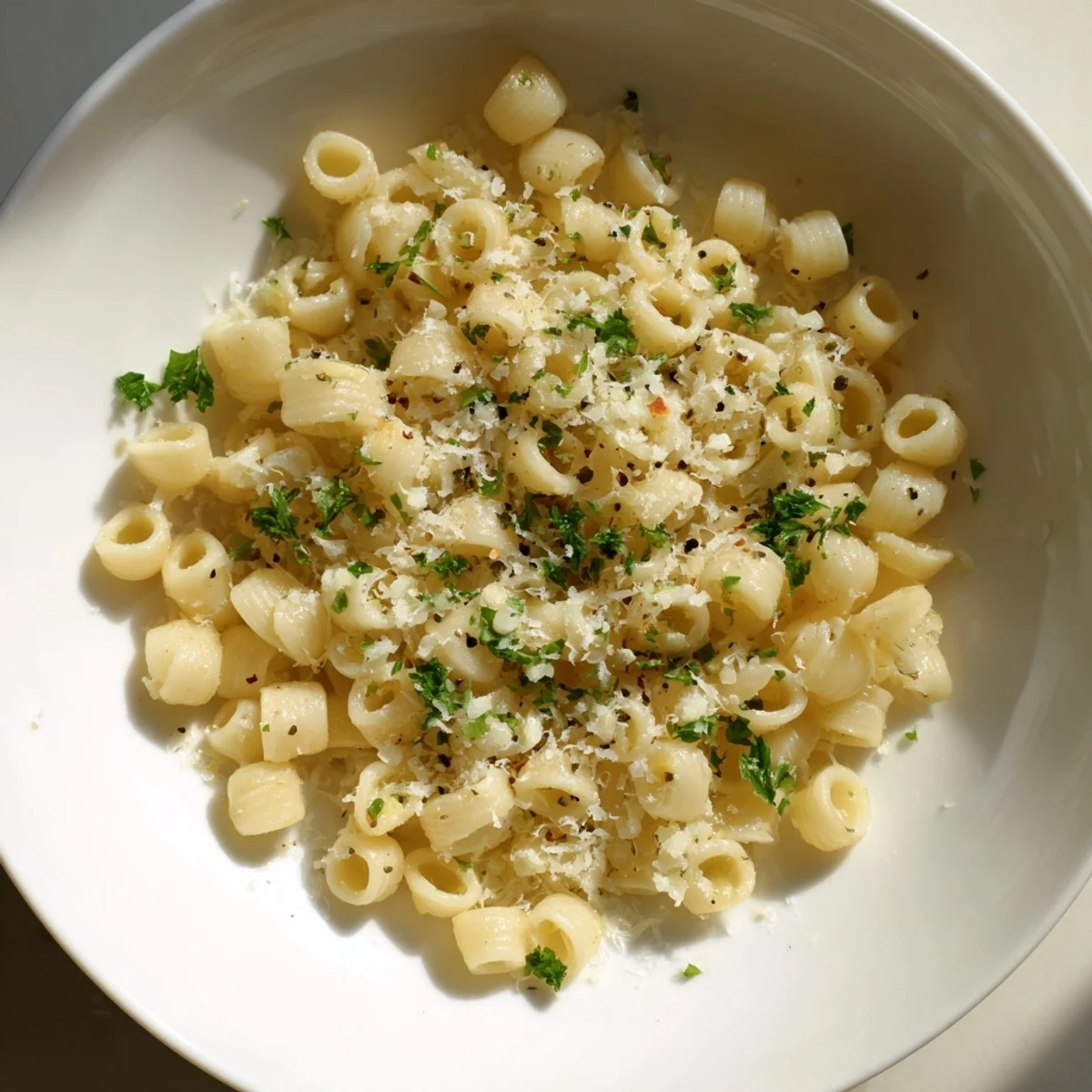 Golden, creamy One-Pot Garlic Butter Ditalini pasta, ready to serve with fresh parsley and Parmesan.