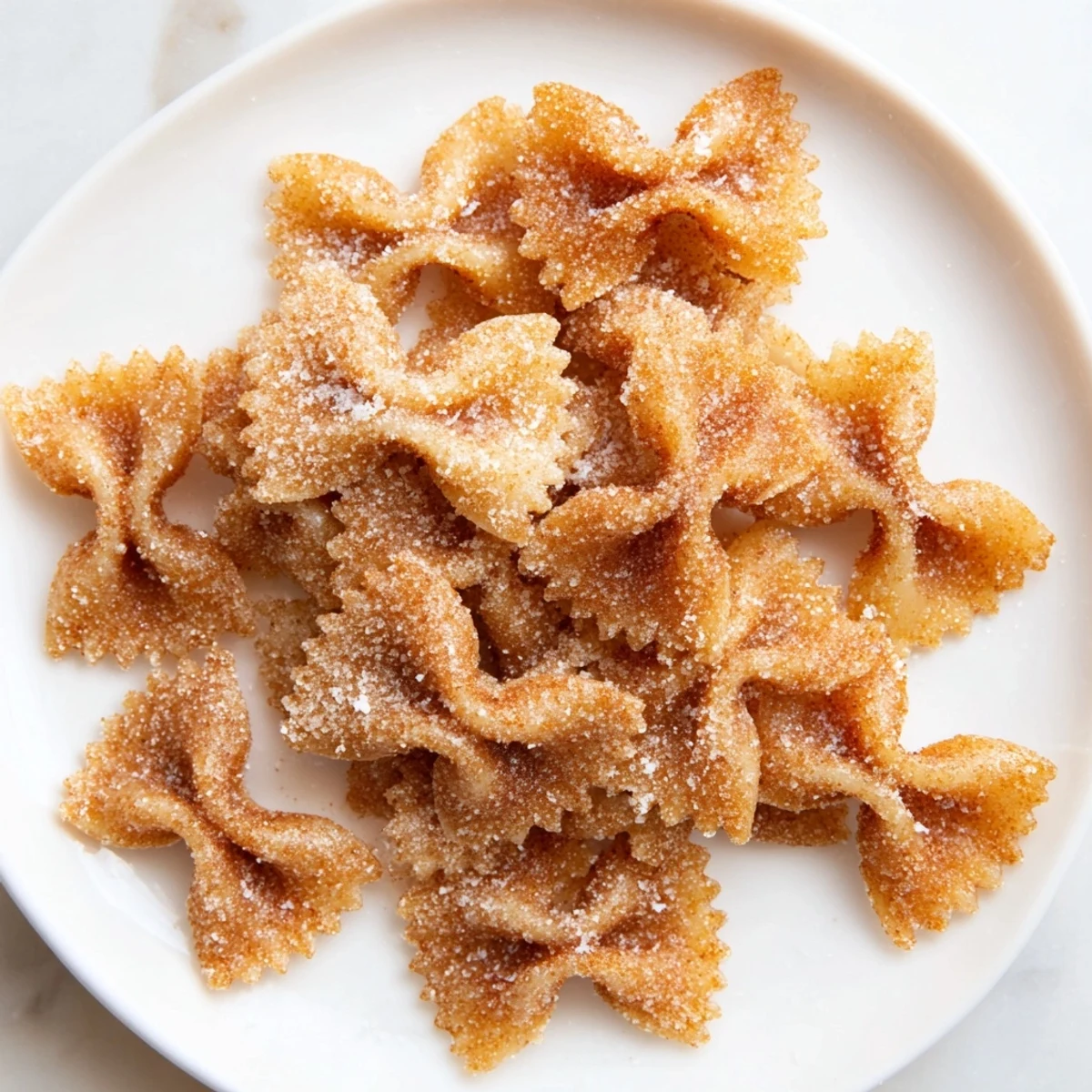 Close-up of air-fried Air Fryer Pasta Christmas Crack, a sweet treat dusted with cinnamon sugar, ready to eat.