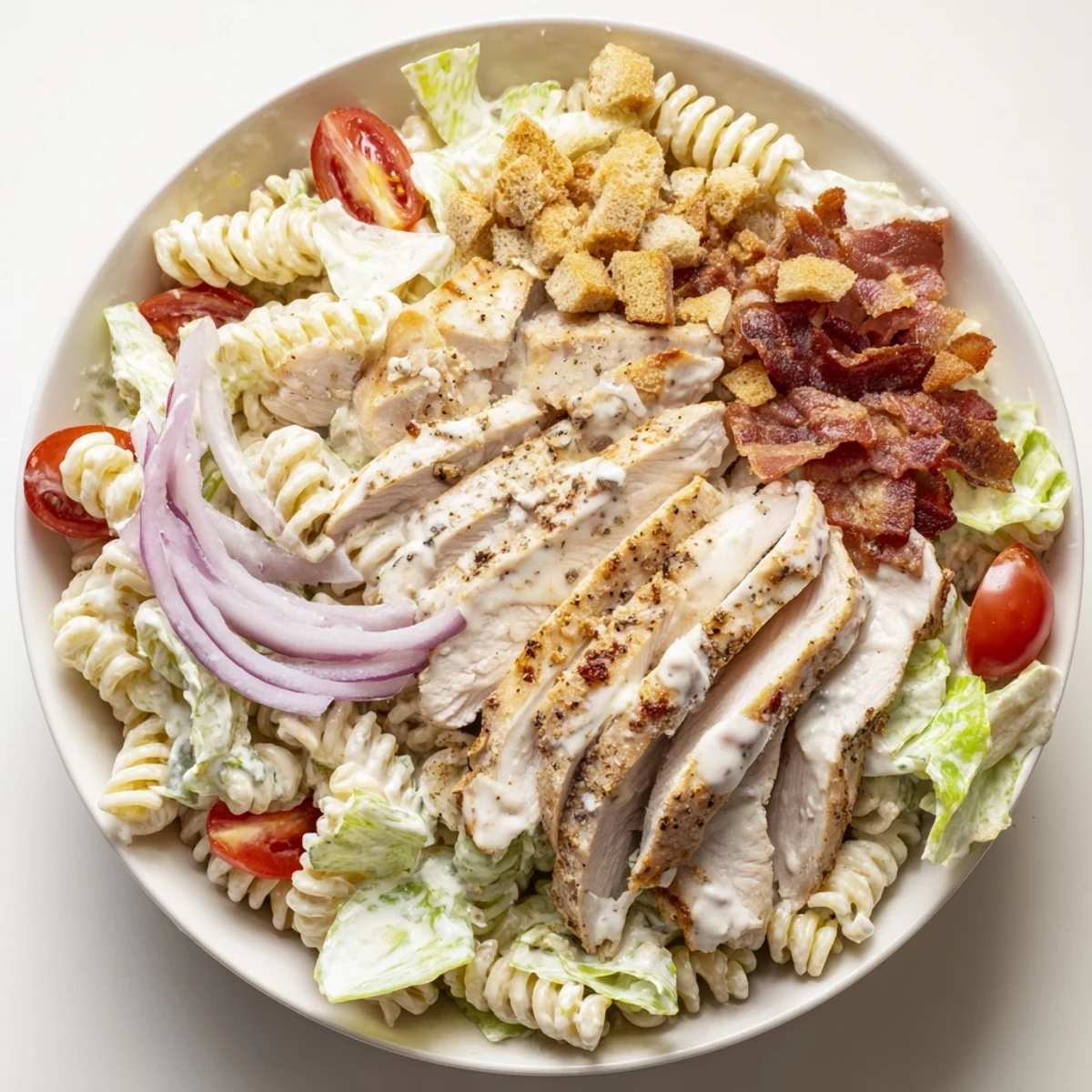 Chicken Caesar Pasta Salad with grilled chicken and crunchy bacon pieces, ready to enjoy.