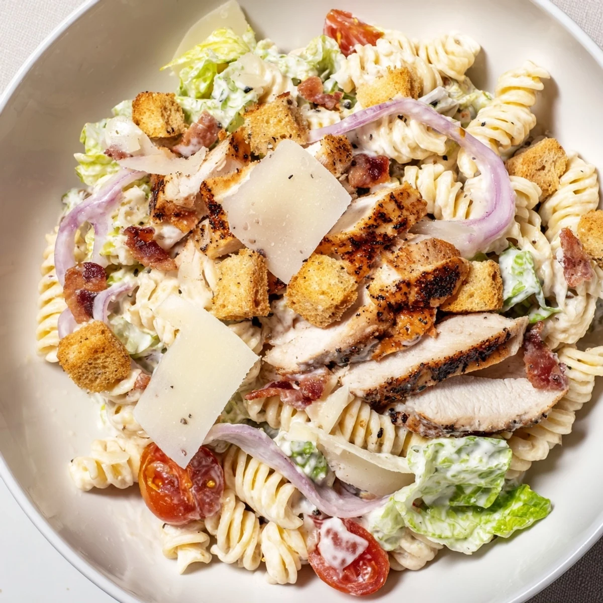 Creamy Chicken Caesar Pasta Salad with rotini pasta, tossed with fresh tomatoes and romaine lettuce.