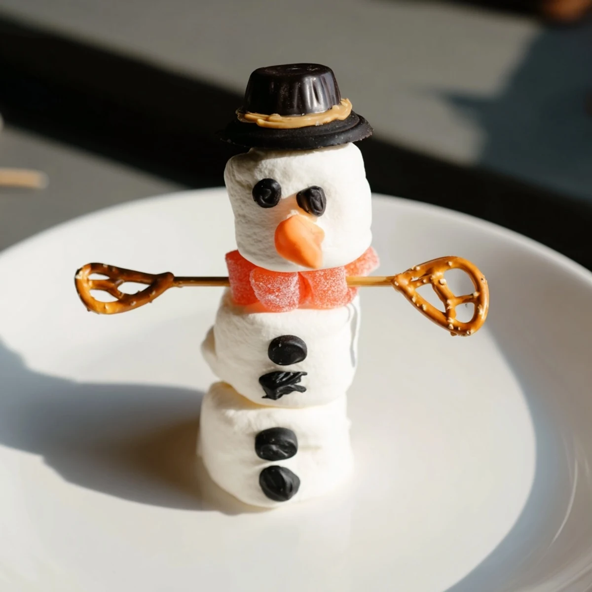 Fun, festive marshmallow snowman stick arrangement: sweet treats decorated for kids’ parties or winter celebrations.