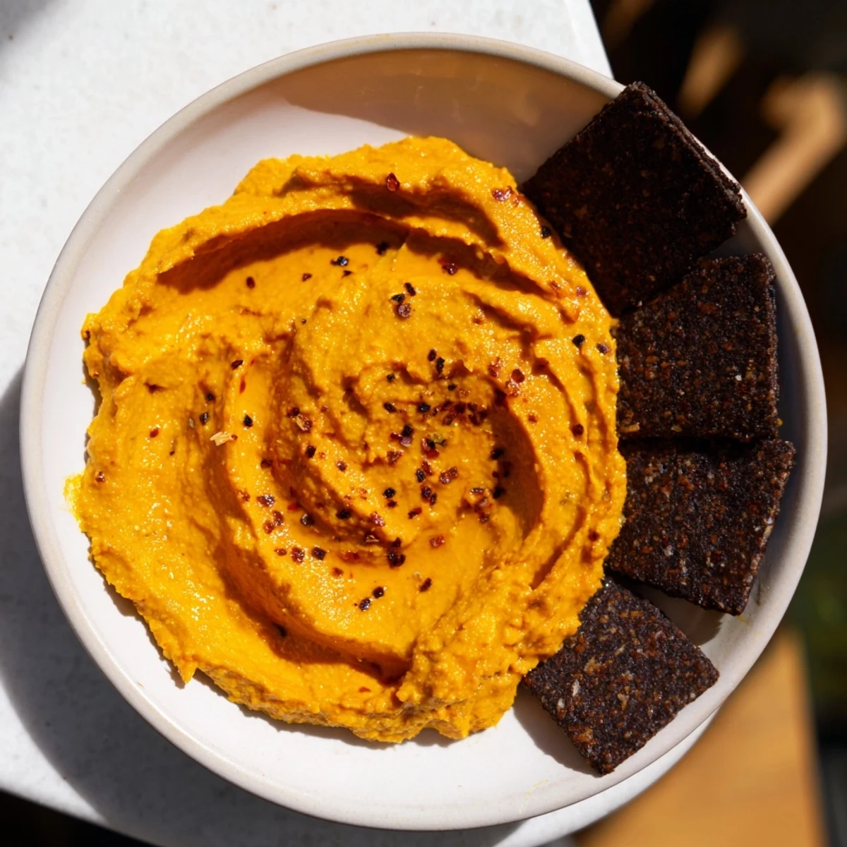 Black charcoal crackers arranged around the vibrant The Midnight Sun dip, a stunning, modern appetizer.