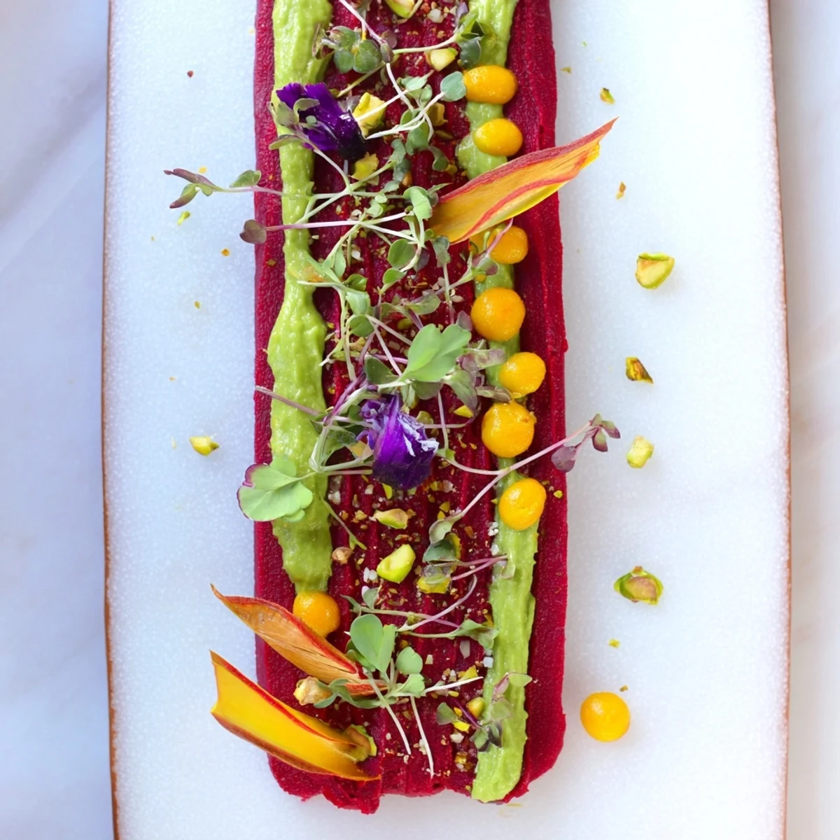 Vibrant Modernist Stripe on a board, showing layered vegetable purées, ready to be enjoyed as a beautiful appetizer.