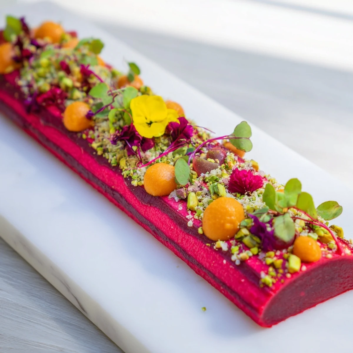 Visually stunning Modernist Stripe, showcasing colorful vegetable stripes garnished with fresh microgreens and pistachios, ready to serve.