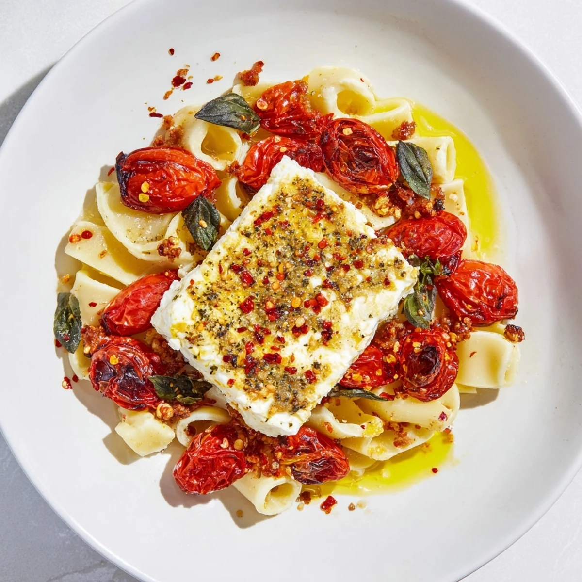 Creamy Baked Feta 2.0 with honey features roasted tomatoes and pasta, a vibrant Mediterranean main dish.