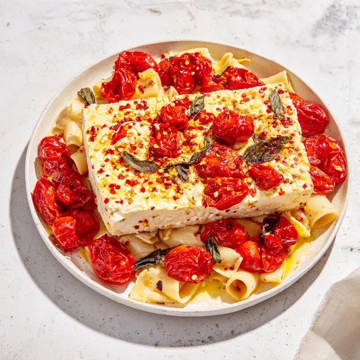 Golden, bubbly Baked Feta 2.0 with honey, served with pasta and sprinkled with fresh basil.
