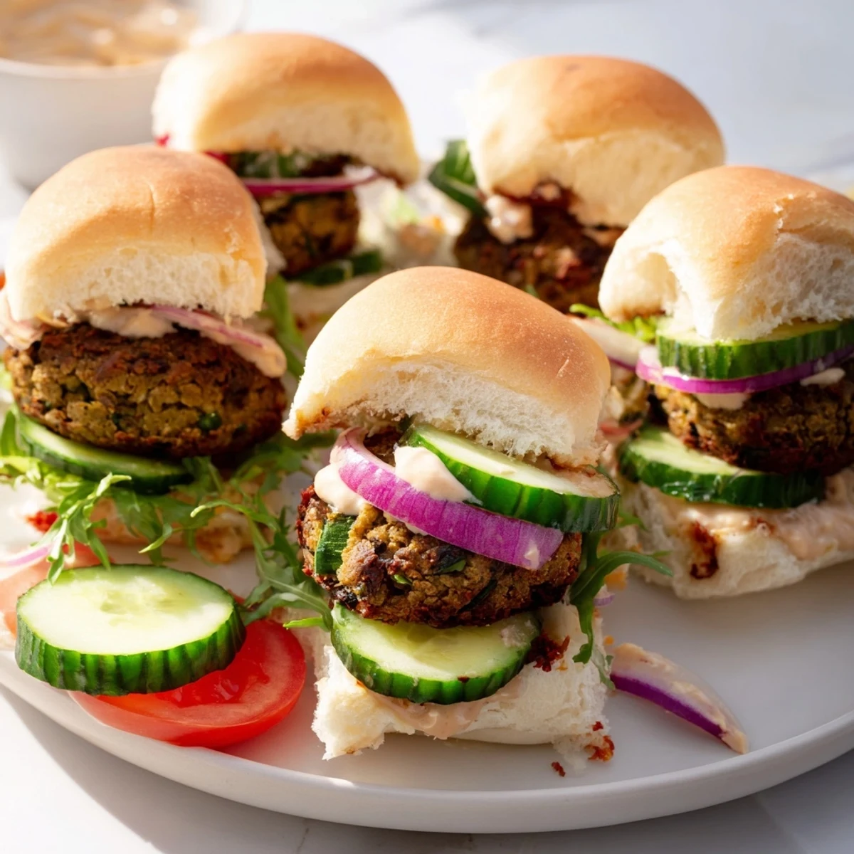 Golden brown baked falafel sliders, filled with fresh veggies and tahini, ready to eat.