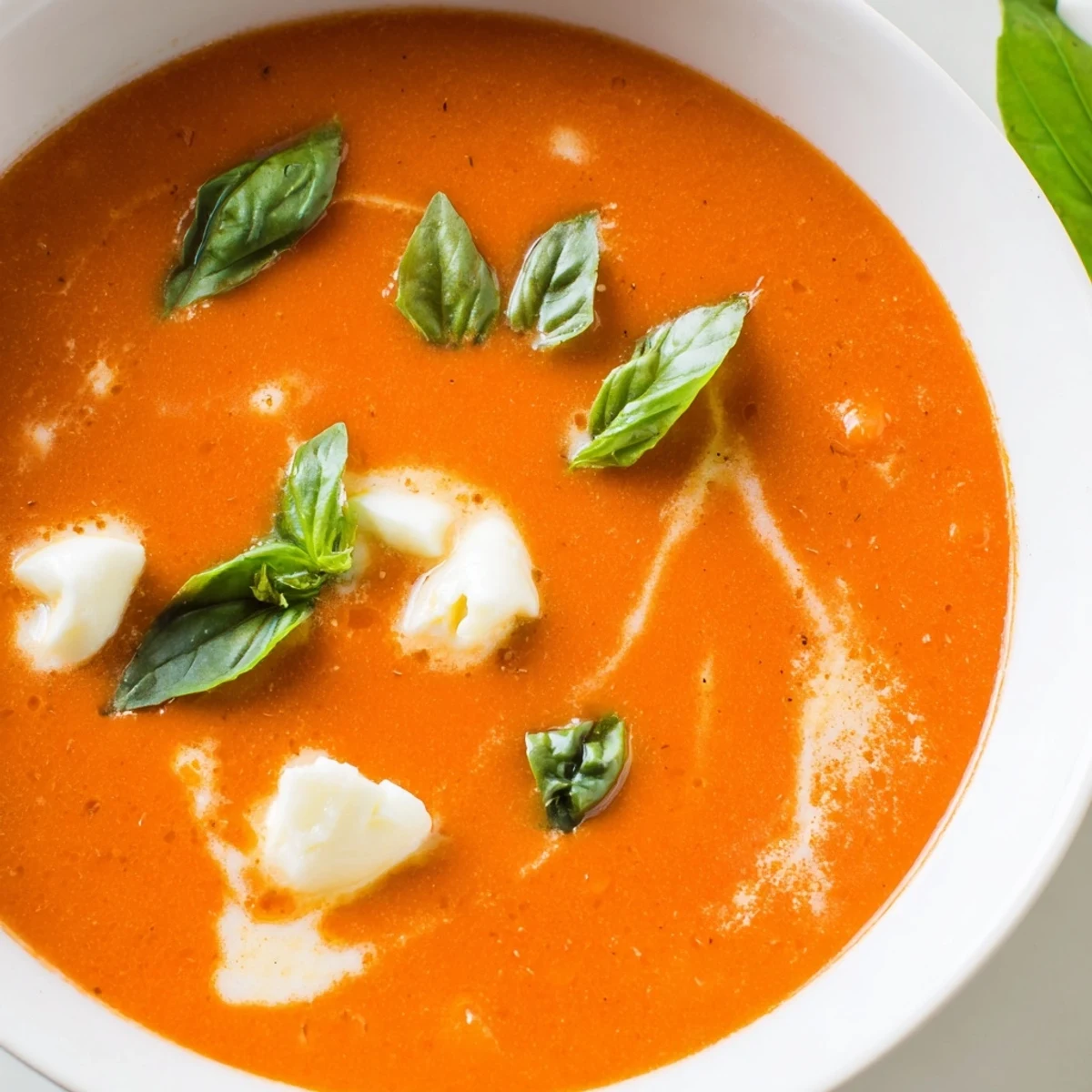 Enjoy a vibrant bowl of Creamy Tomato Mozzarella Soup, perfect for a cozy dinner.