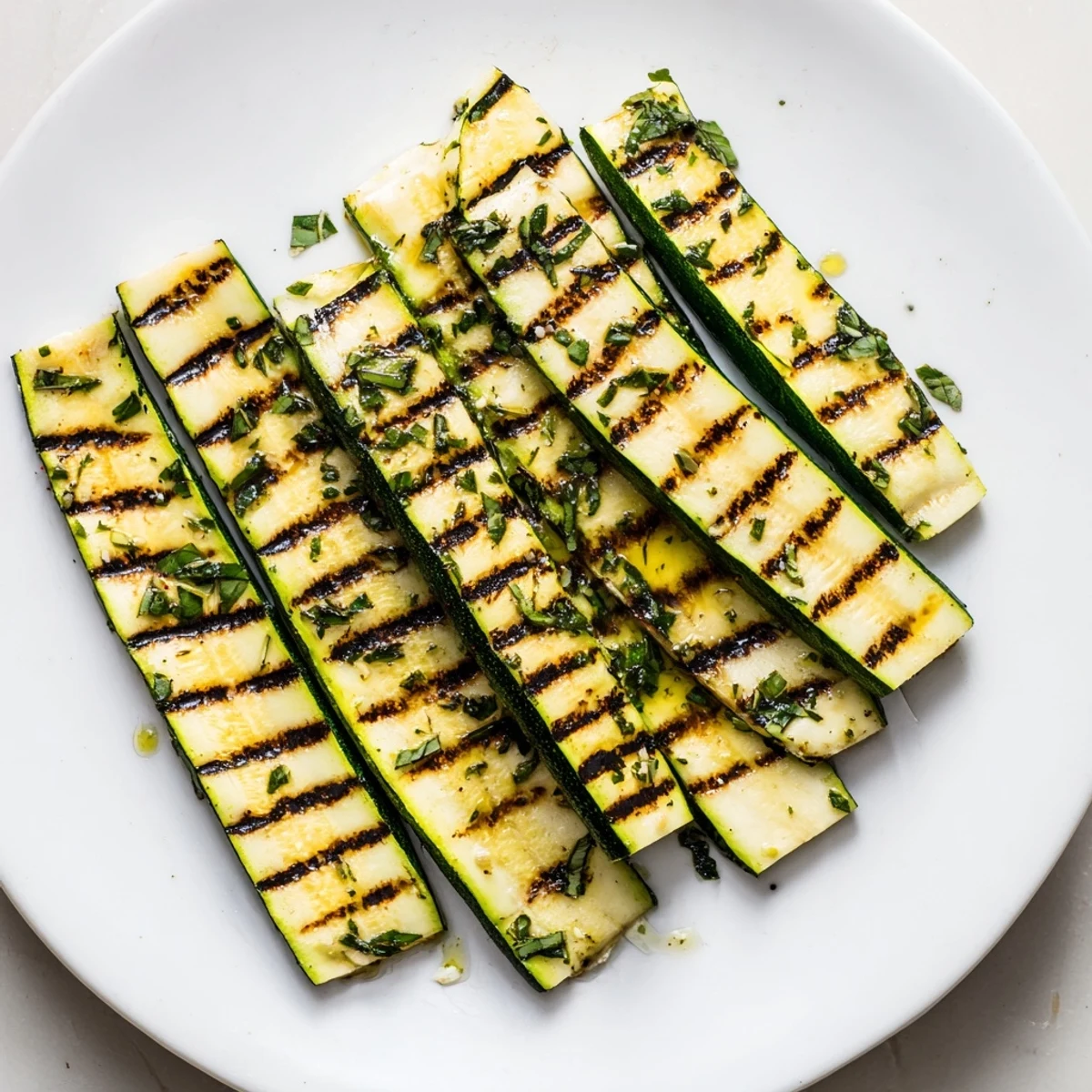 Close-up of freshly grilled garlic herb zucchini, showcasing char marks and aromatic herbs ready to serve.