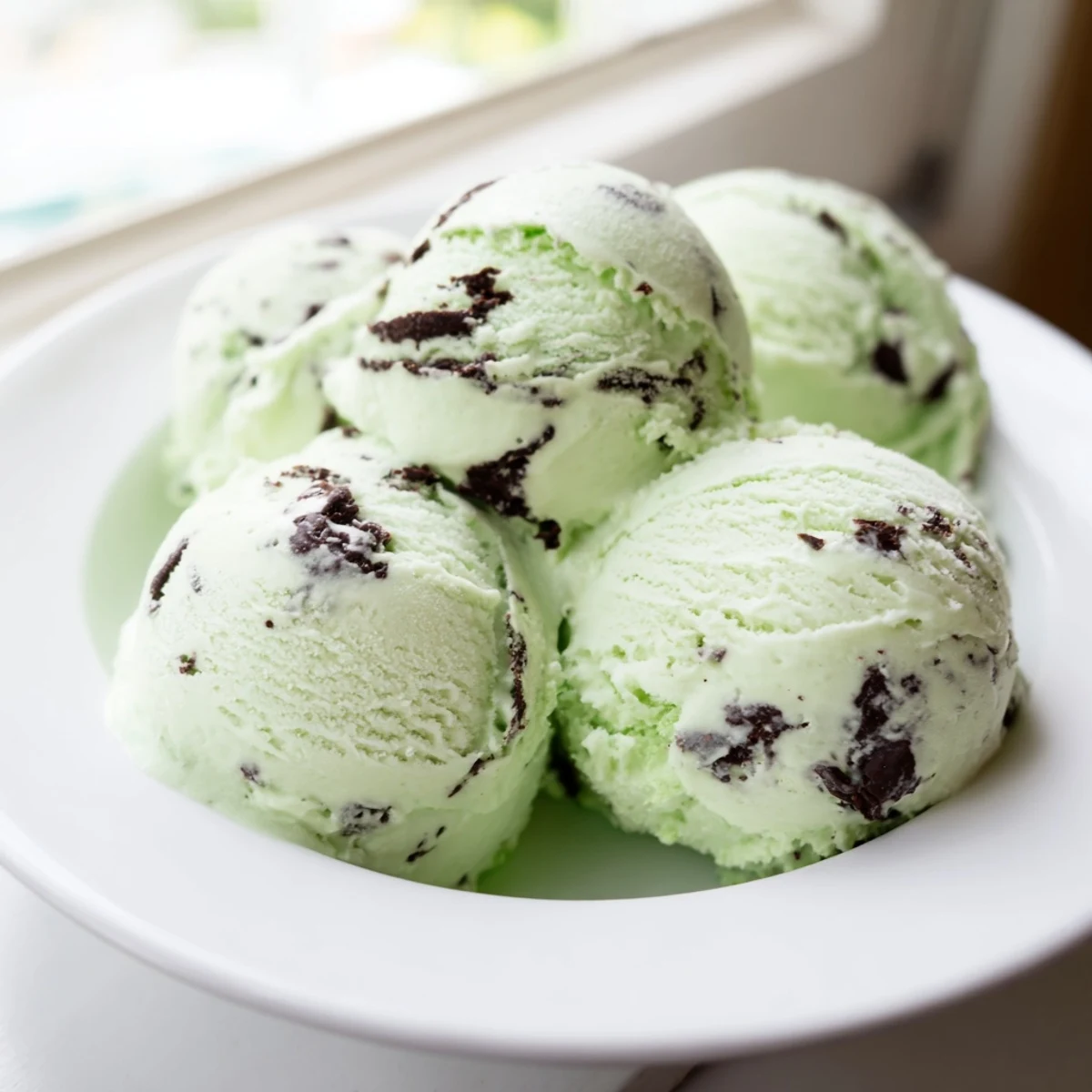 Homemade Mint Chocolate Chip Ice Cream: a refreshing scoop with visible chocolate chips and creamy texture.
