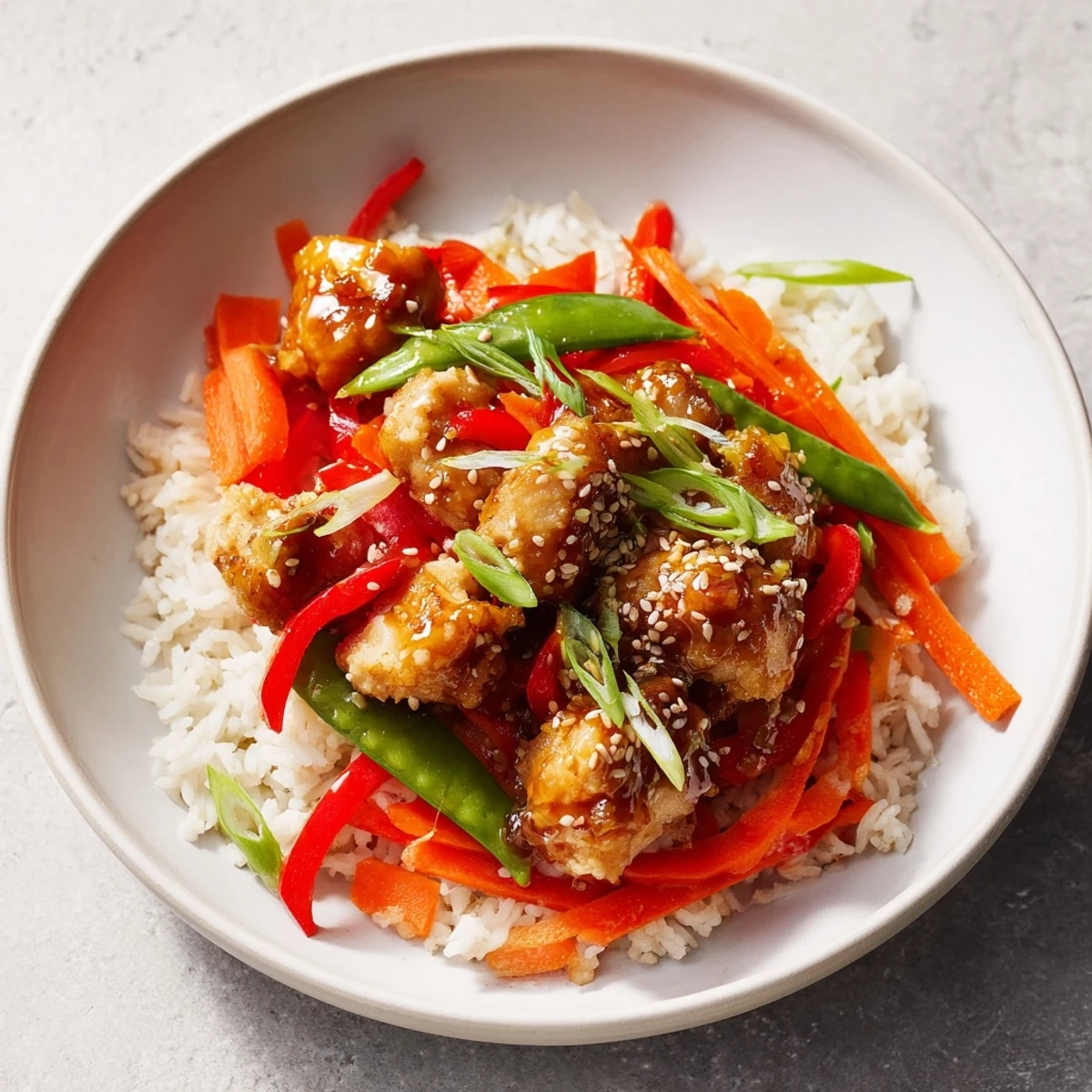 Sesame Ginger Rice Bowl: A steaming bowl of Asian chicken and rice, garnished with fresh cilantro and lime.