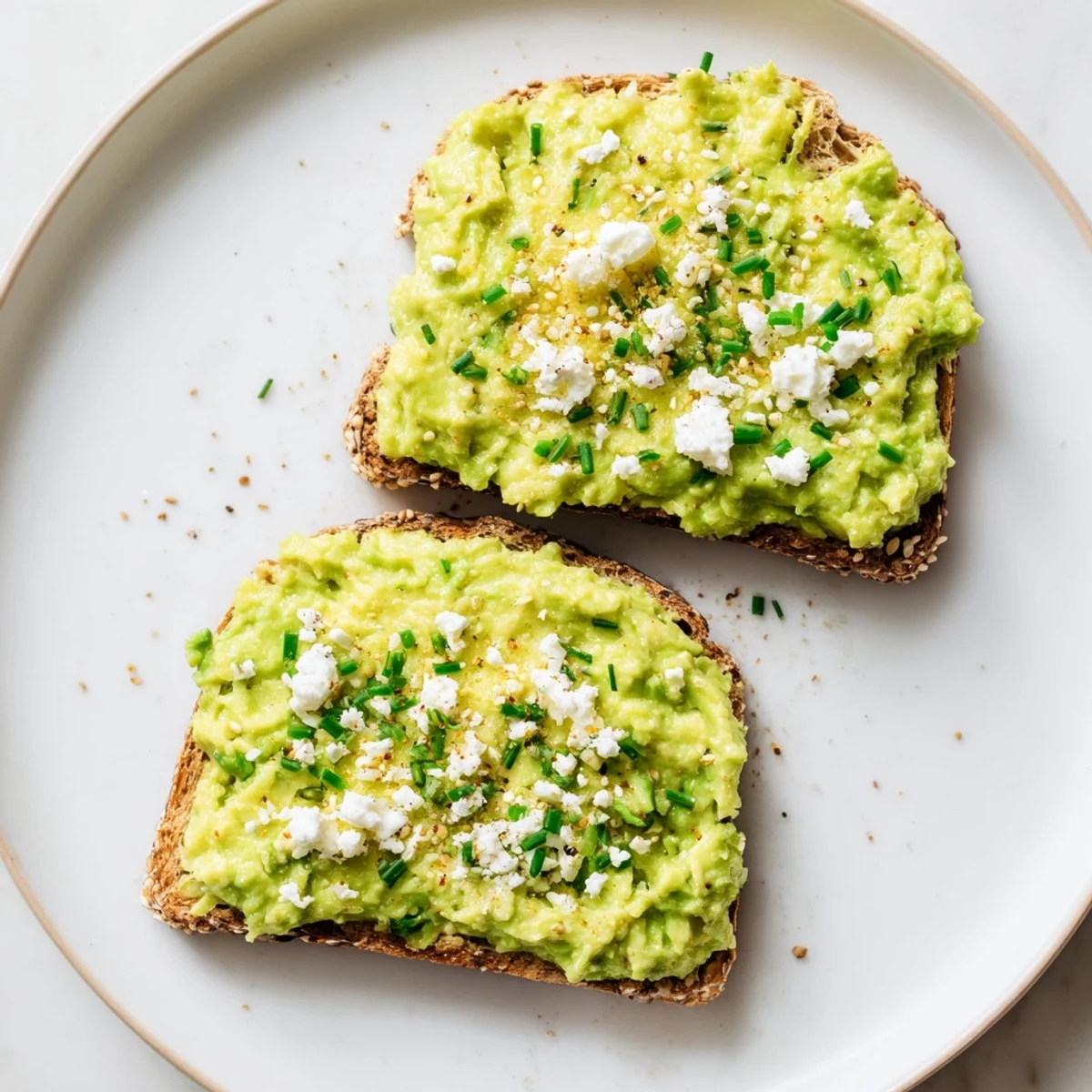 Creamy green avocado toast with everything seasoning, ready for a delicious breakfast.