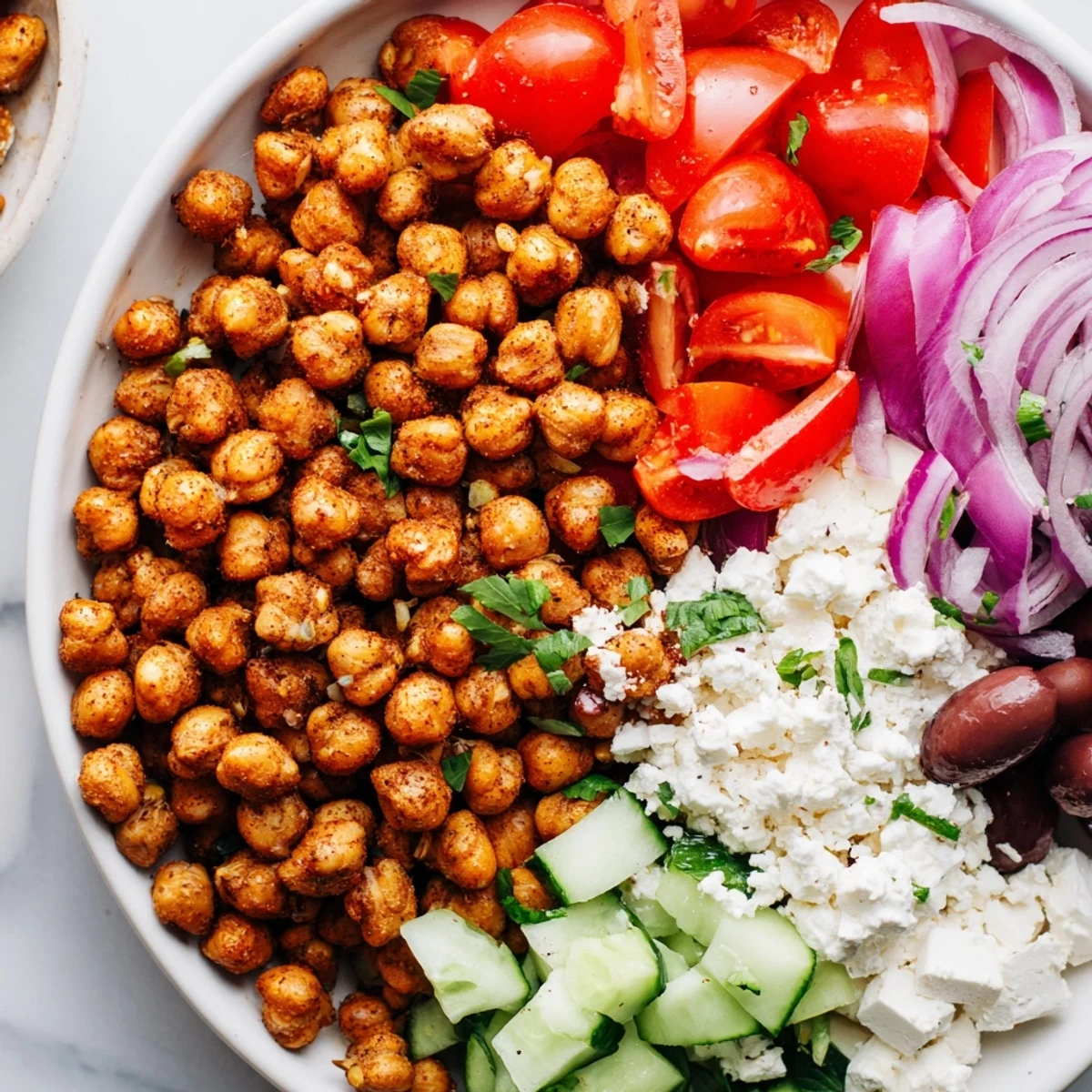 Enjoy a flavor-packed Mediterranean Chickpea Bowl: a vibrant vegan dish ready for a healthy meal.