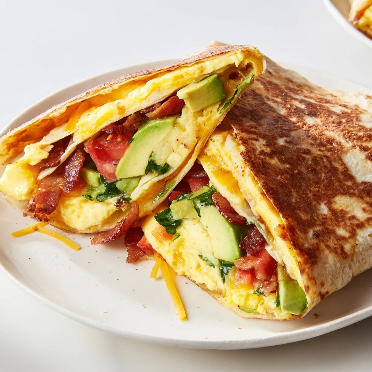 This image shows a freshly cooked, golden-brown Crispy Breakfast Wrap, ready to be sliced and enjoyed.