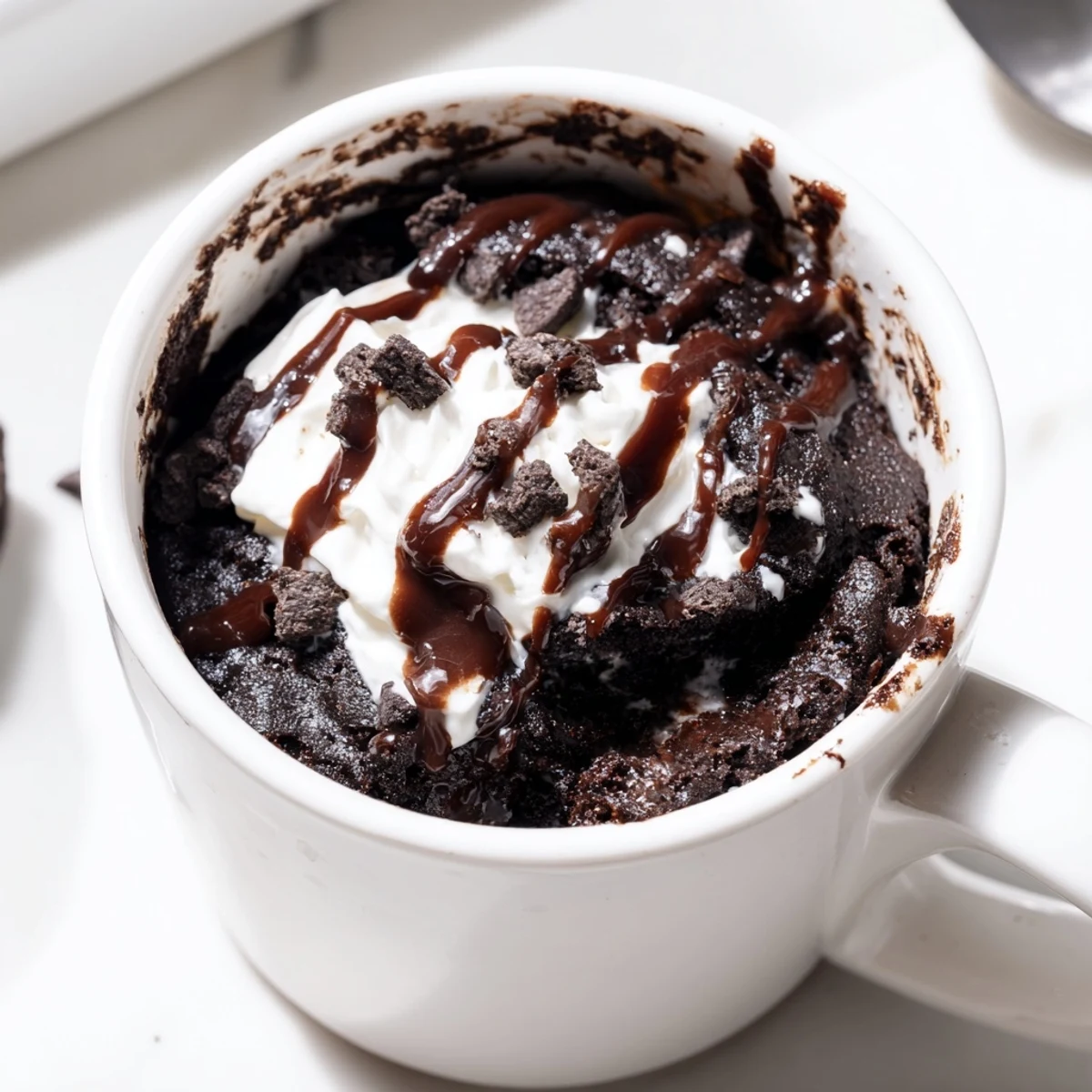 Warm Oreo Mug Cake, ready to enjoy, topped with whipped cream and crushed cookies.