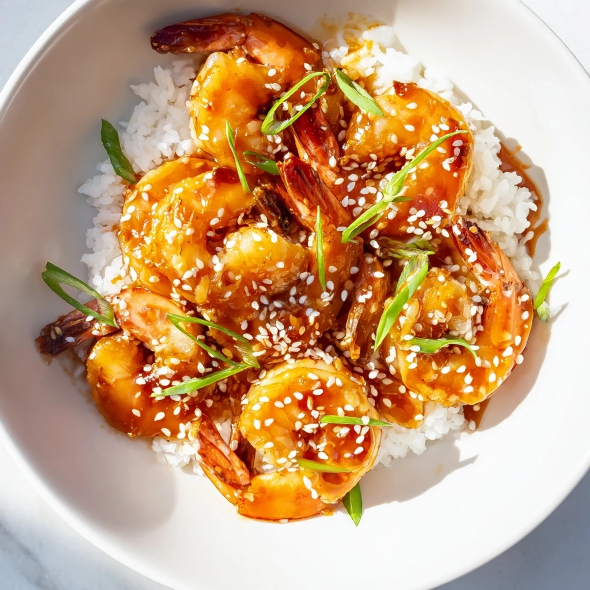 Golden honey garlic shrimp glistening in a skillet, ready to serve over fluffy rice with green onions.