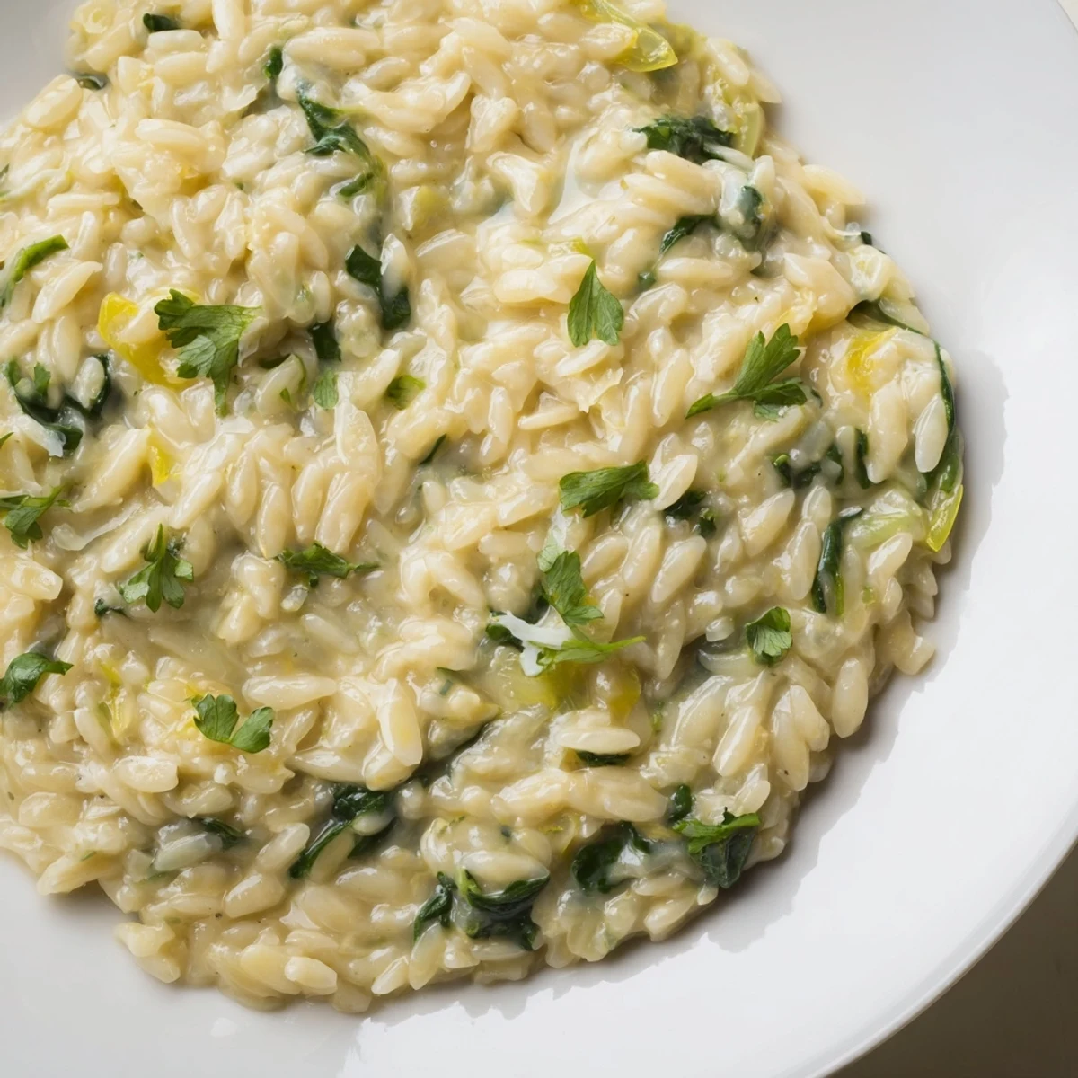 A single pot of creamy orzo, simmering in a skillet, topped with fresh parsley and Parmesan.
