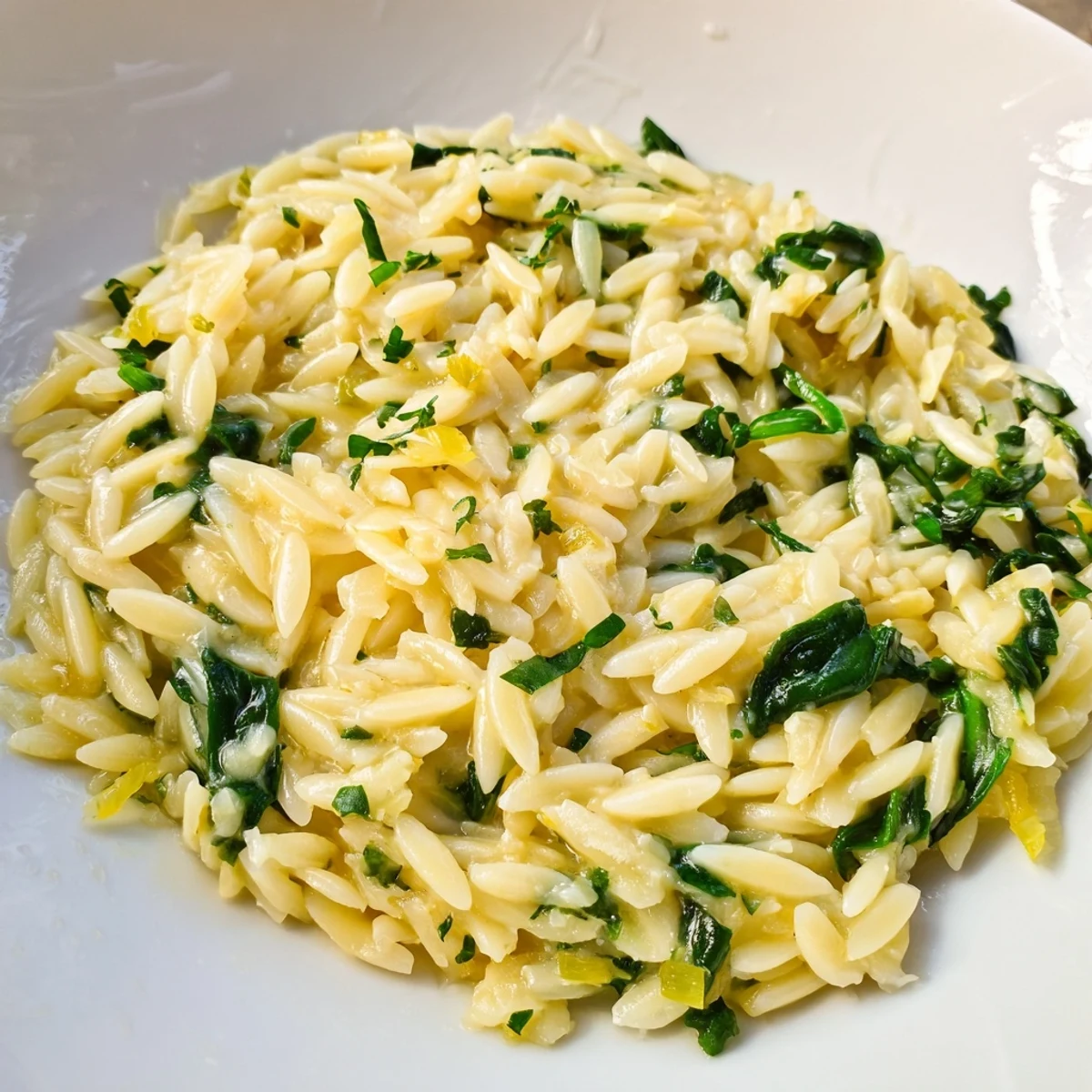 Close-up of golden-brown orzo after being cooked, showcasing the dish’s creamy texture.
