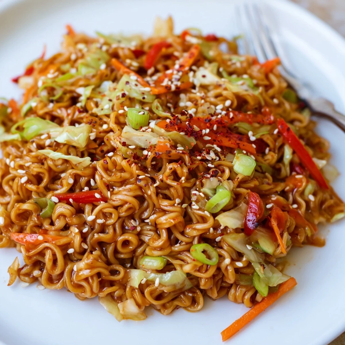 Savory Spicy Ramen Stir Fry with vibrant veggies and glistening noodles, ready to eat.