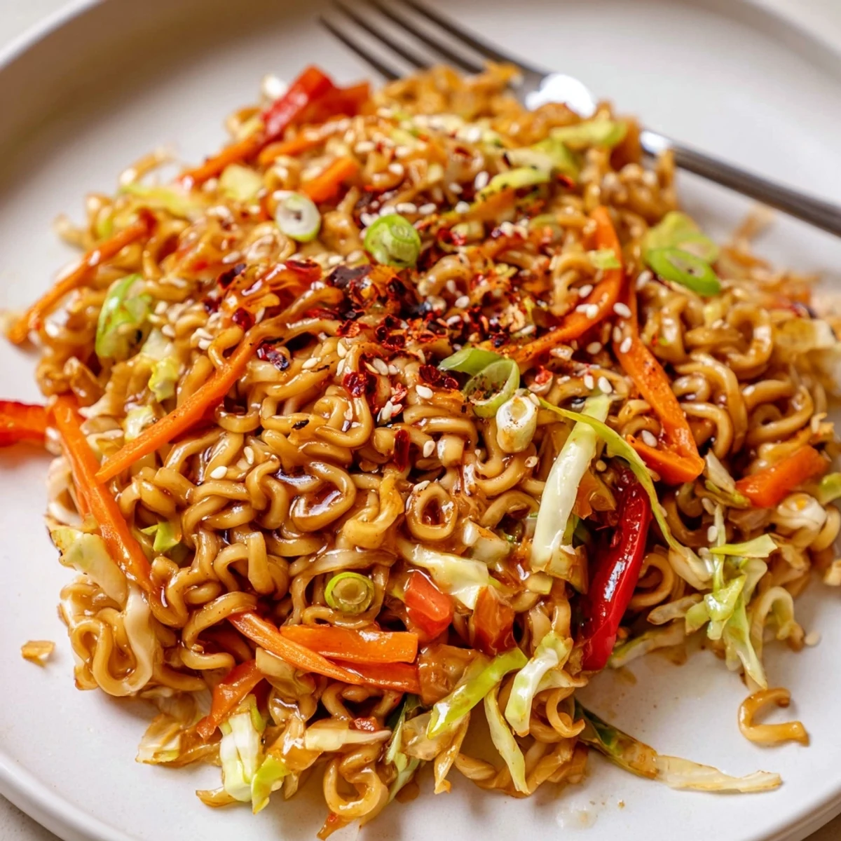 Enjoy a quick and tasty Spicy Ramen Stir Fry with soy sauce glaze, perfect for a weeknight dinner.