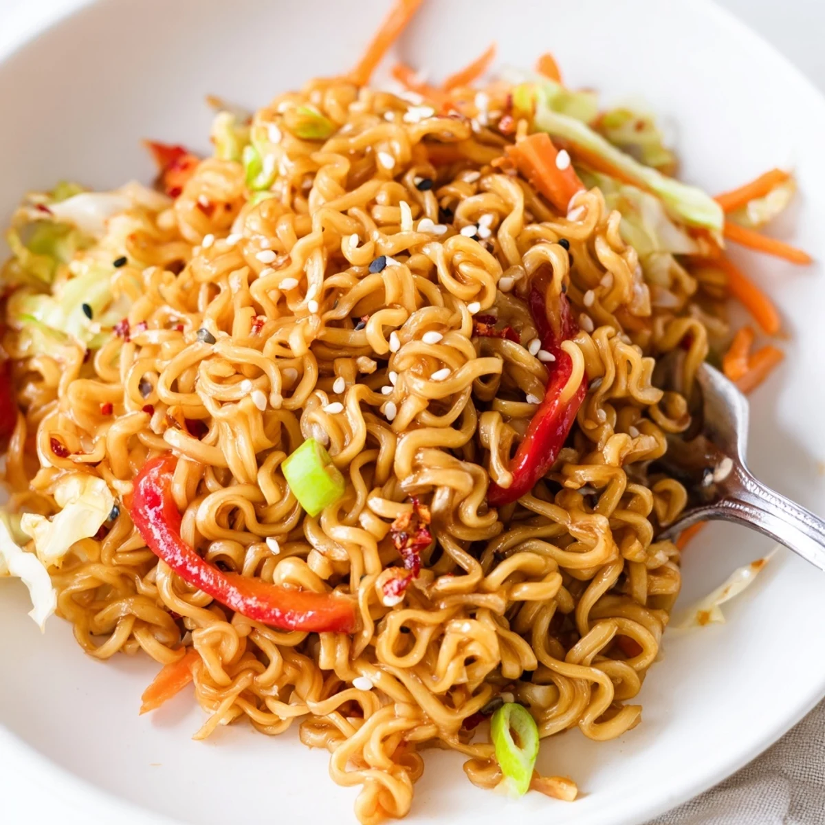 Steaming bowl of Spicy Ramen Stir Fry featuring colorful peppers, carrot, and toasted sesame seeds.