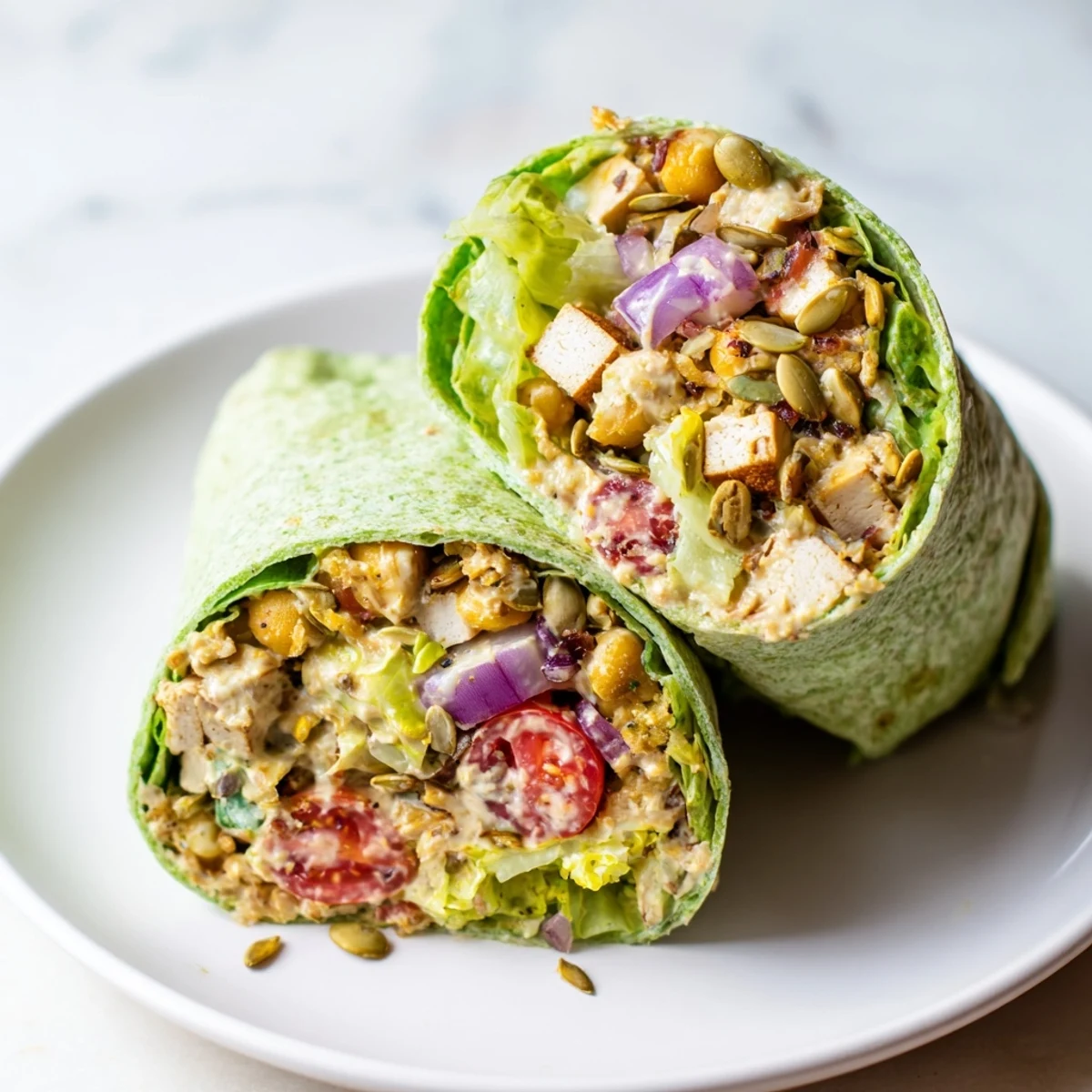 High-Protein Chicken-less Caesar Wrap, loaded with fresh tomatoes and creamy homemade dressing.