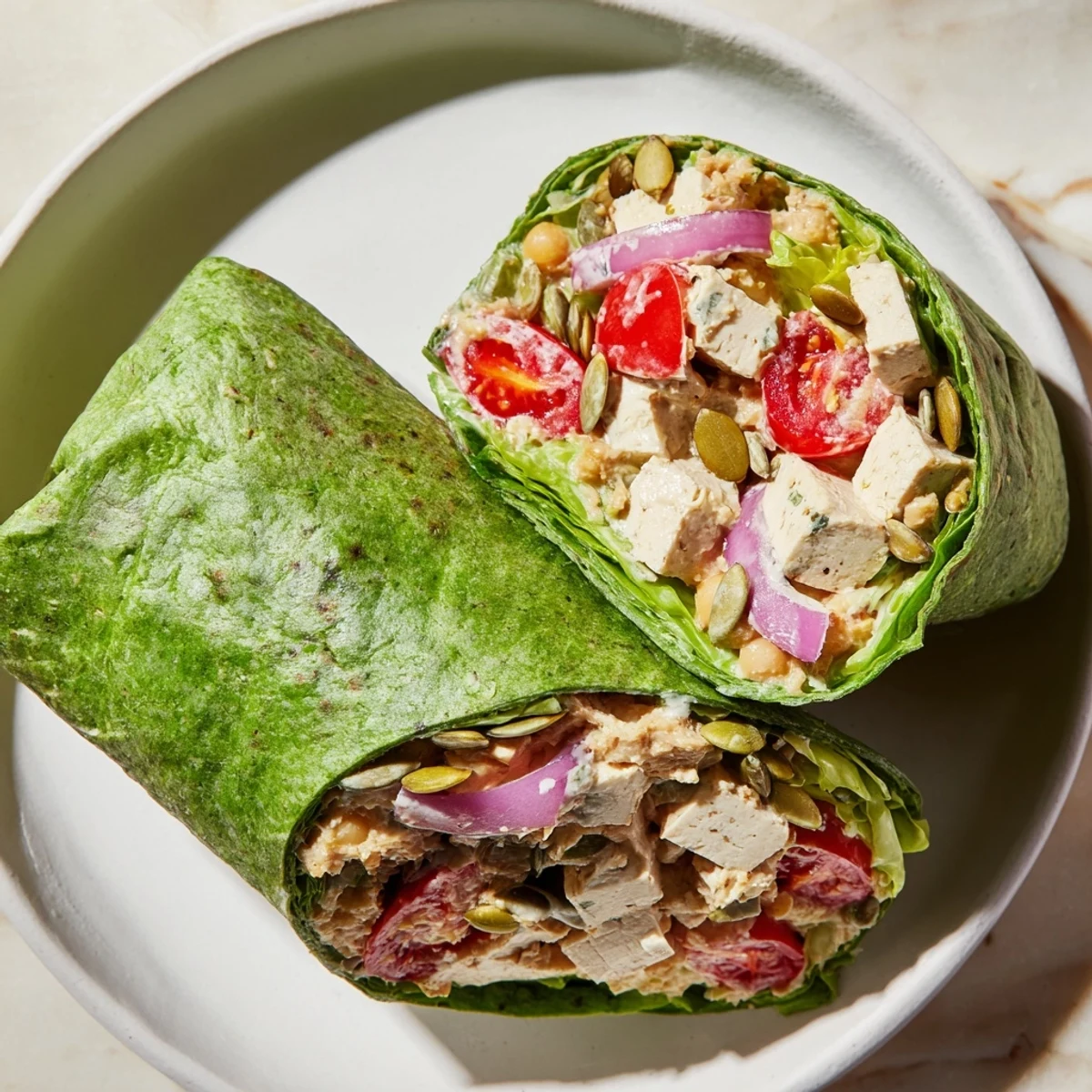 A healthy and vibrant High-Protein Chicken-less Caesar Wrap, perfect for a quick, protein-packed lunch.
