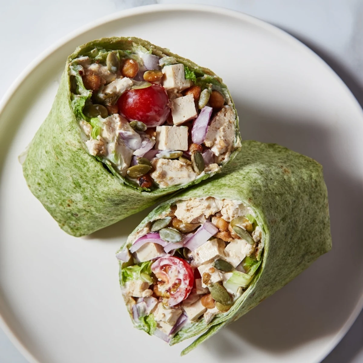 This delicious High-Protein Chicken-less Caesar Wrap is bursting with textures and flavors, ready to enjoy.