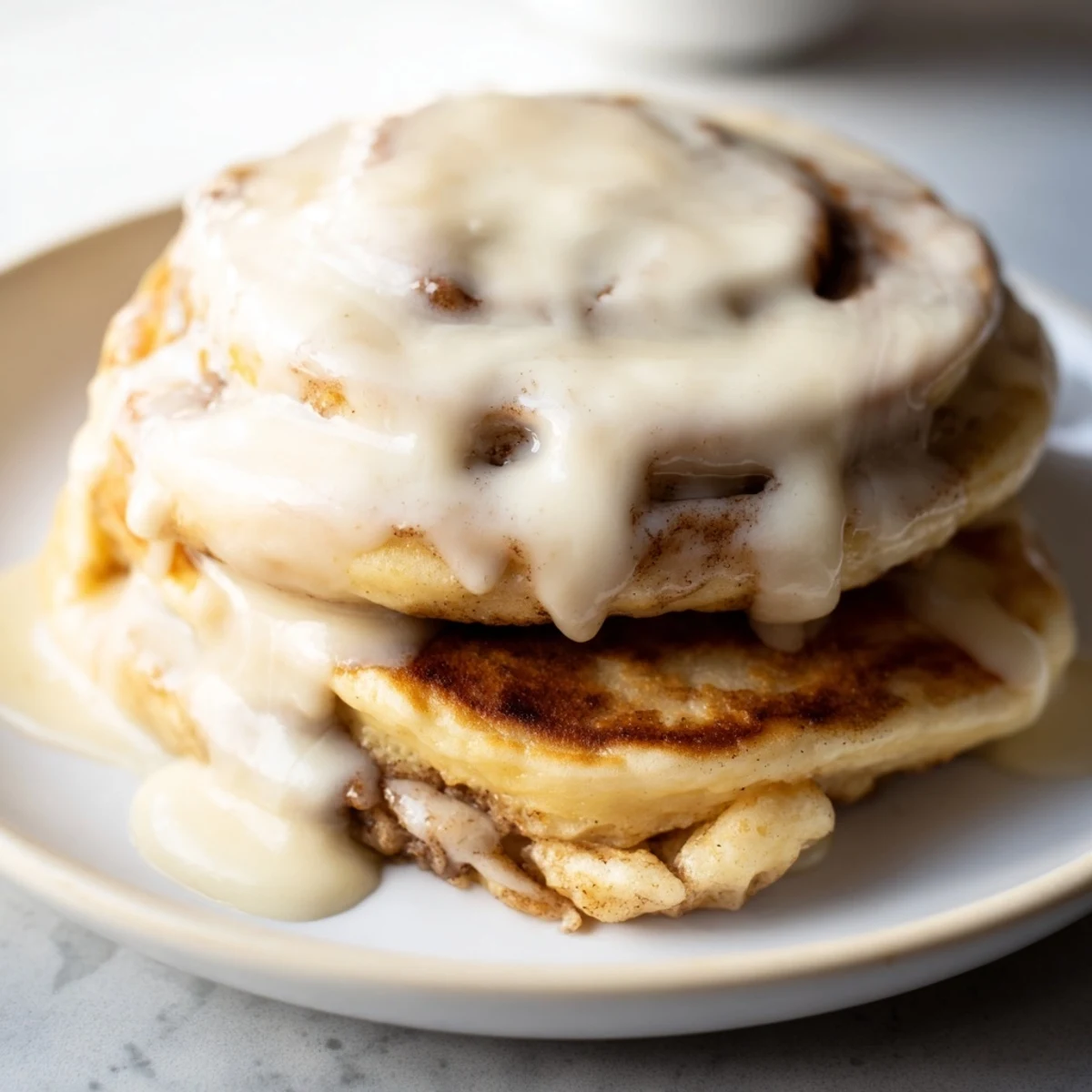 Golden-brown Cinnamon Roll Pancakes served warm, drizzled with sweet cream cheese frosting for brunch.