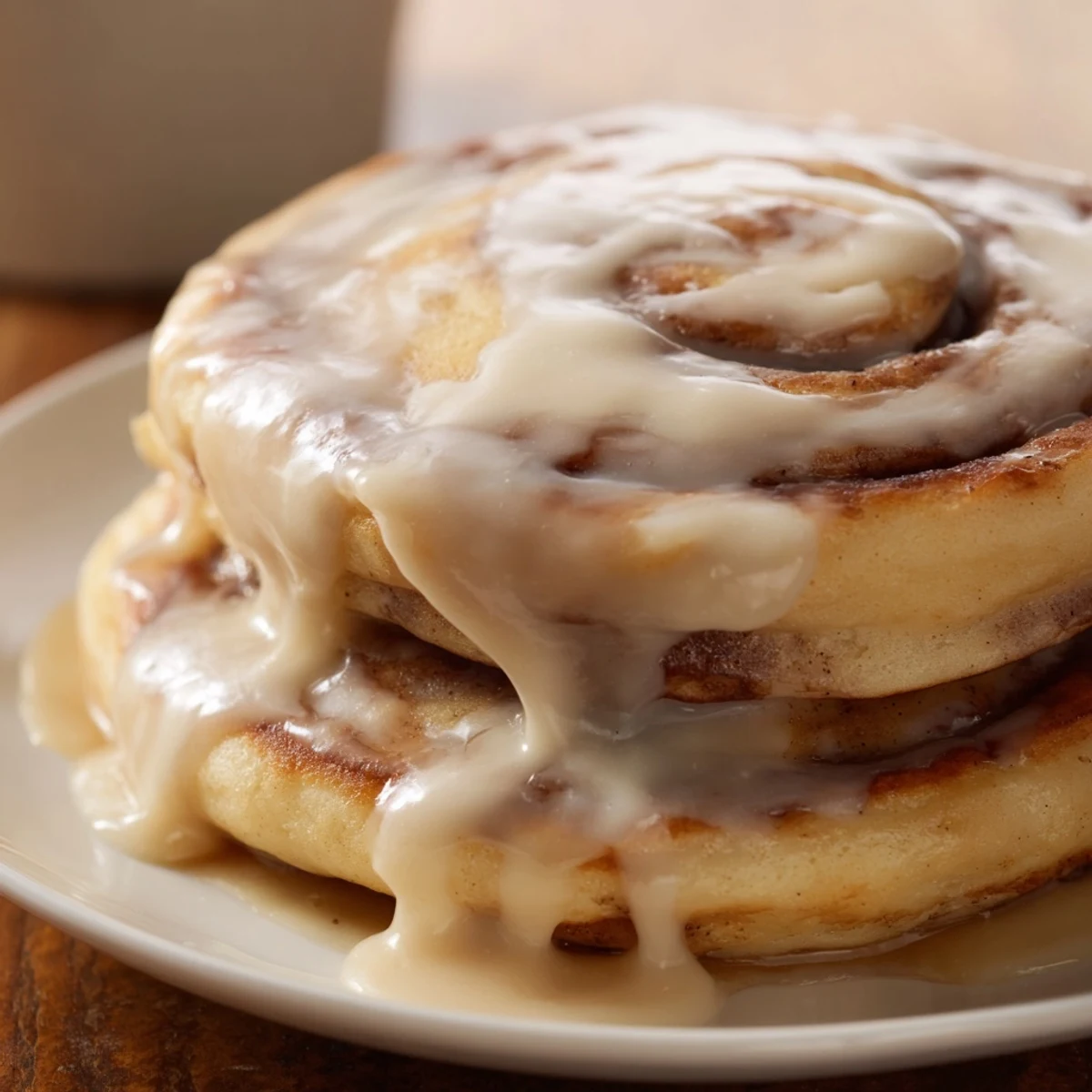 A stack of fluffy Cinnamon Roll Pancakes, perfectly round, with ribbons of cinnamon sugar and glaze.