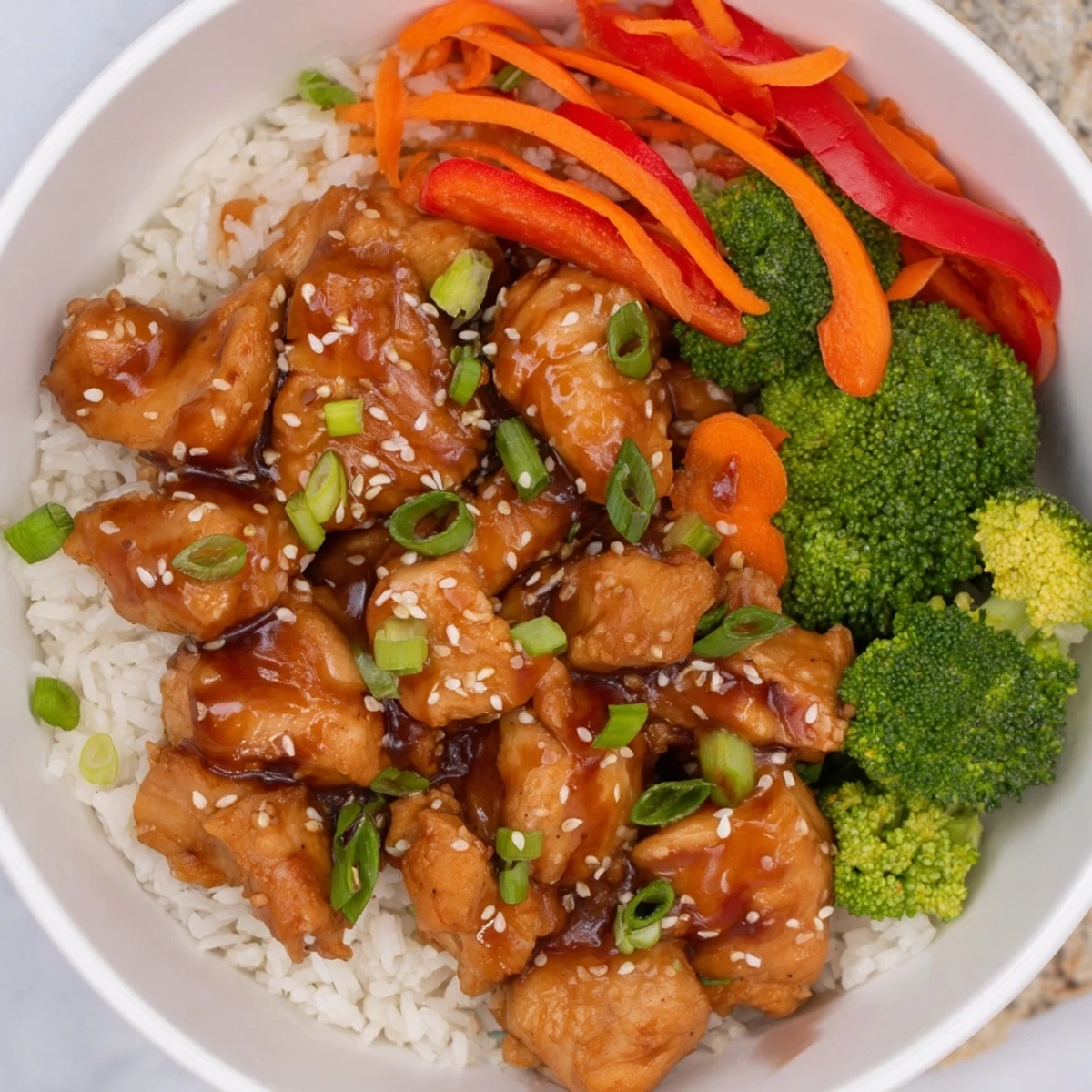 A close-up of steaming Teriyaki Chicken Rice, with sesame seeds scattered for delicious flavor and texture.