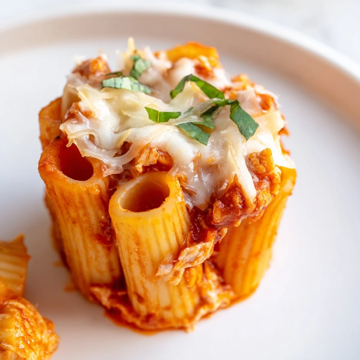Golden, bubbly baked ziti cups straight from the oven, offering a delightful cheesy aroma.