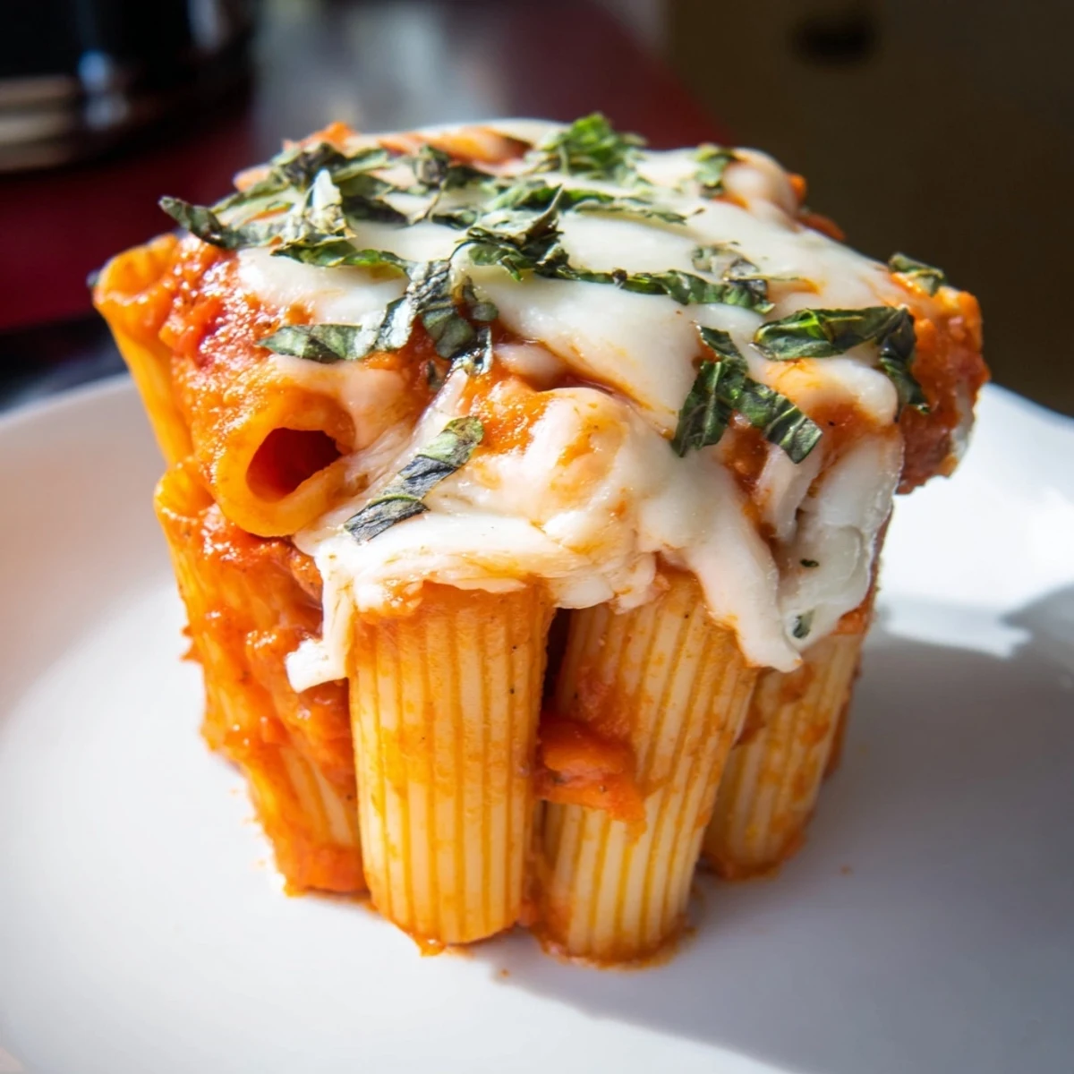 Individual serving of baked ziti cups showcases layers of pasta, cheese, and tomato sauce, fresh from the oven.