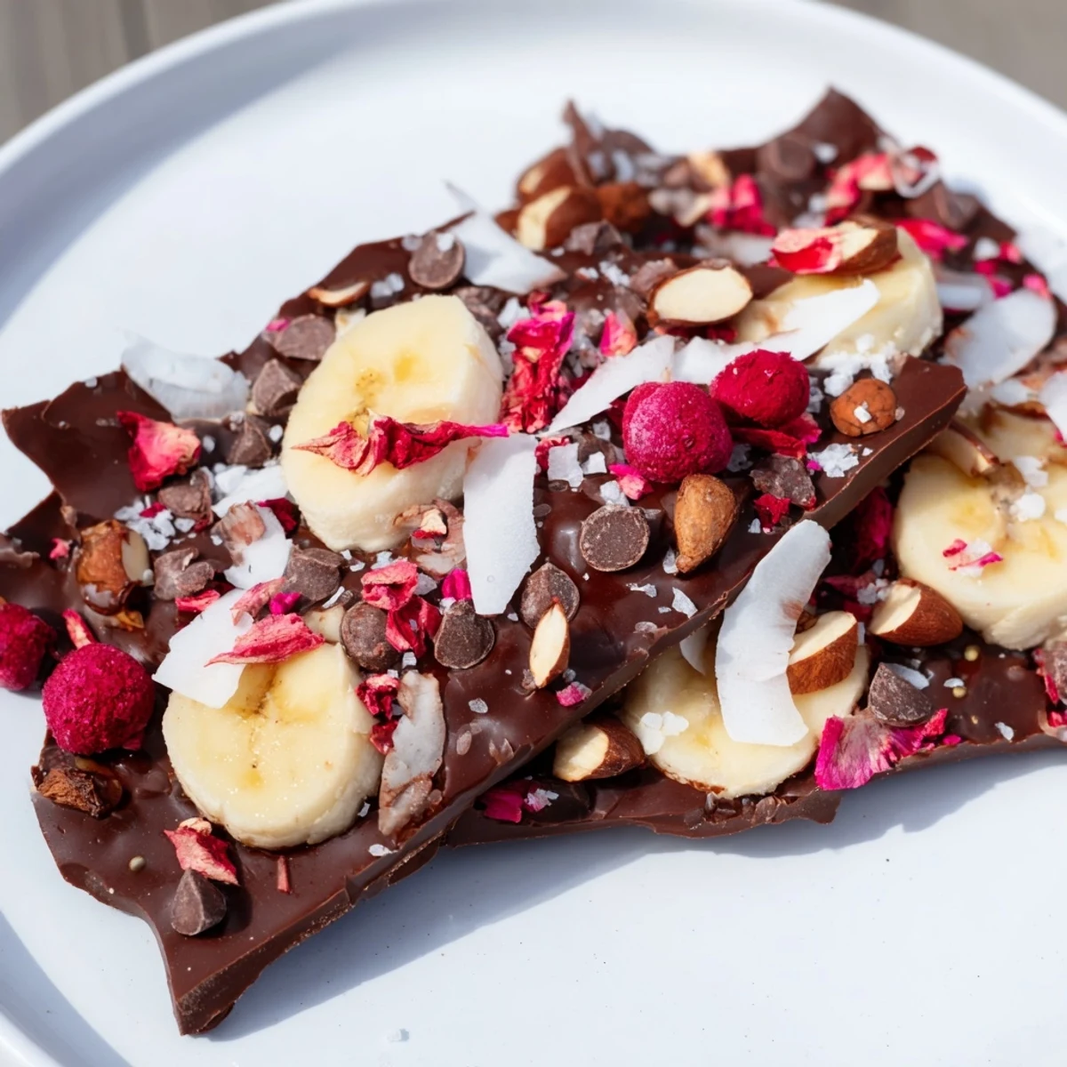 Delicious chocolate banana bark pieces, ready to break and enjoy, featuring fresh fruit.