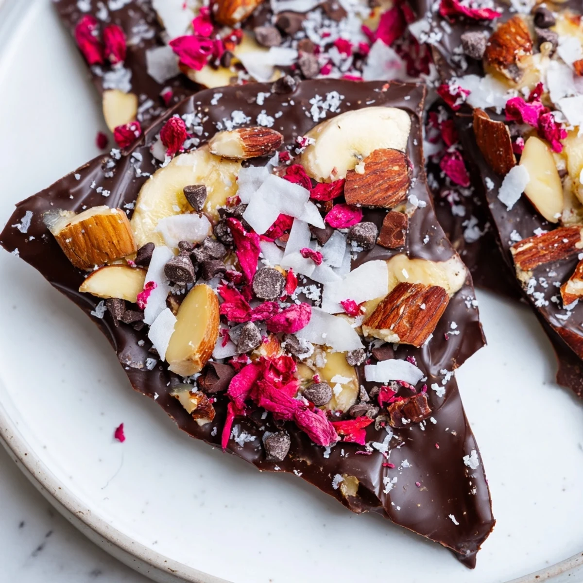 Creamy chocolate banana bark sprinkled with crunchy toppings, a perfect frozen dessert.