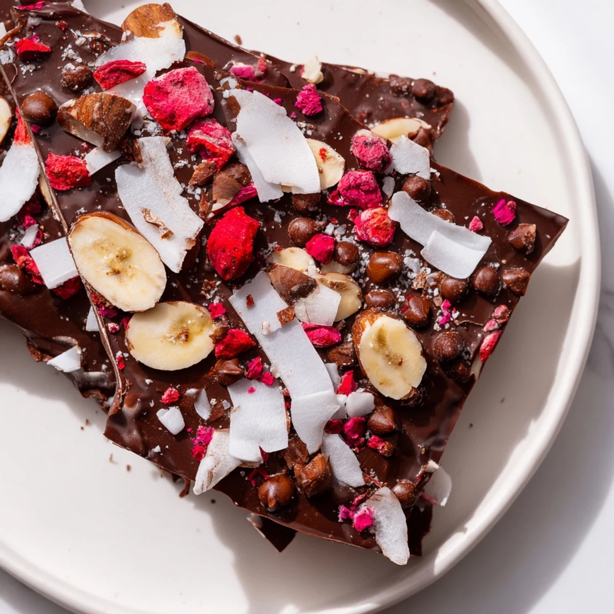 Frozen chocolate banana bark with visible layers, including banana slices and chocolate chips.