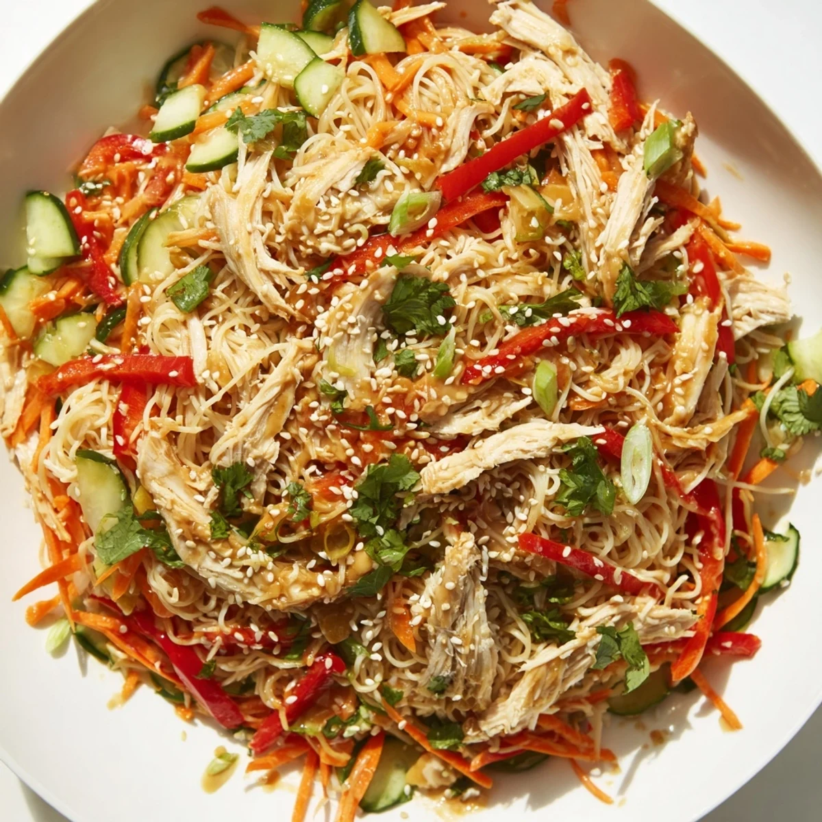 Chilled Chicken Noodle Salad boasts colorful crisp vegetables and sesame-glazed shredded chicken.