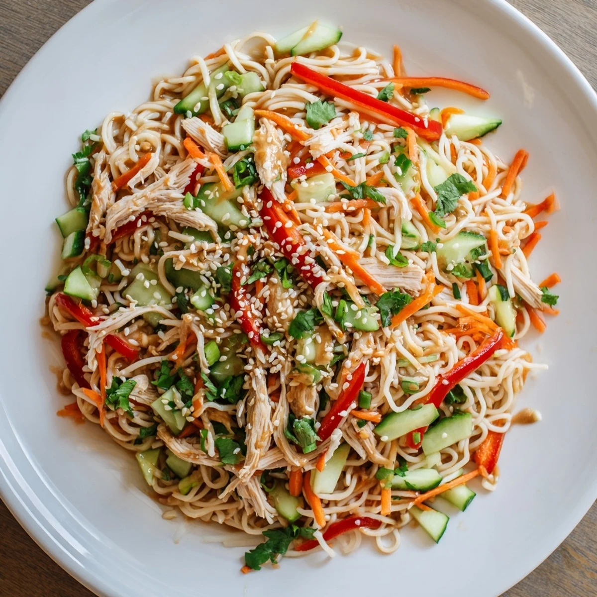 Vibrant Chilled Chicken Noodle Salad shows tender noodles tossed with a savory sesame dressing.