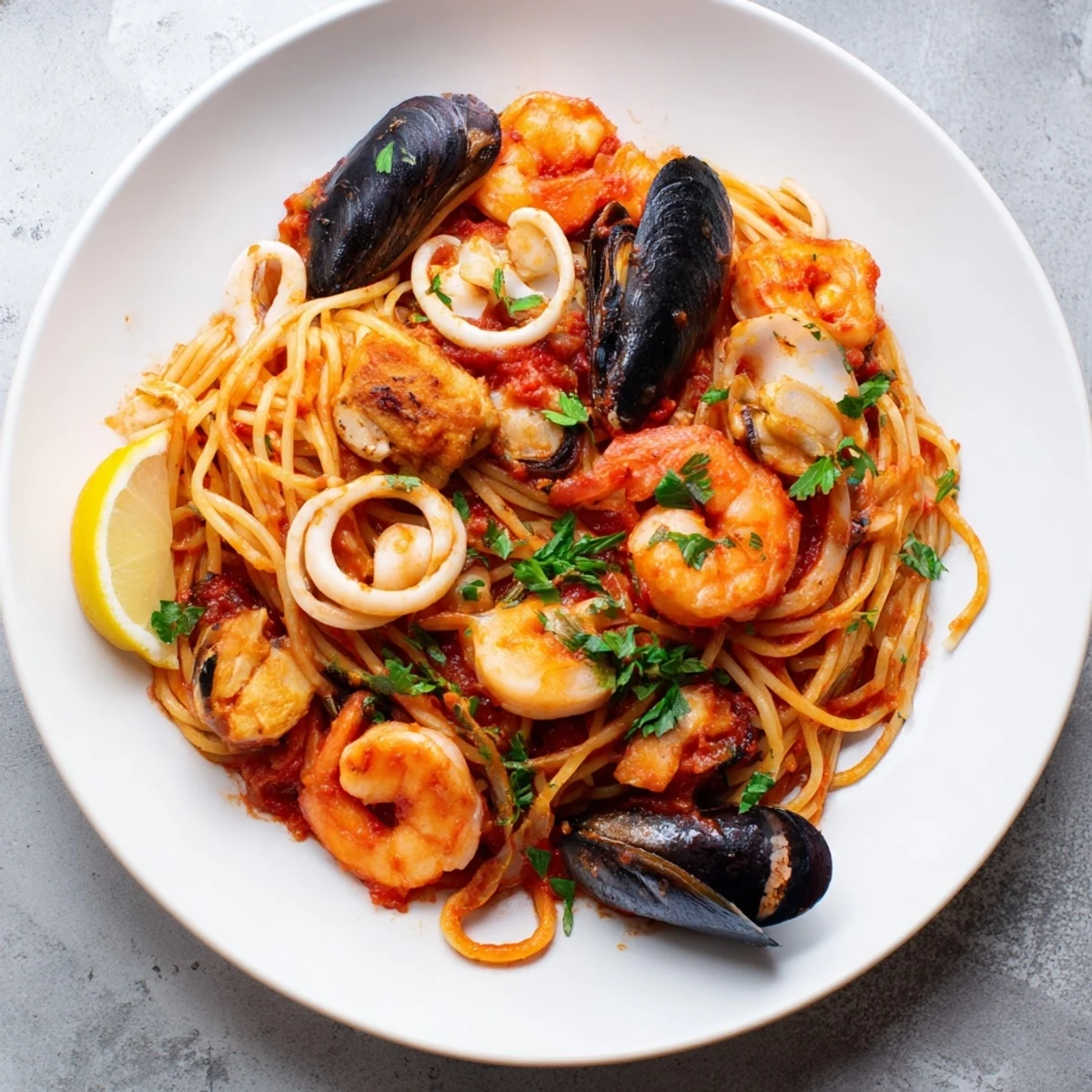 Steaming Seafood Marinara Pasta, featuring plump shrimp and mussels, in a rich tomato sauce with parsley.