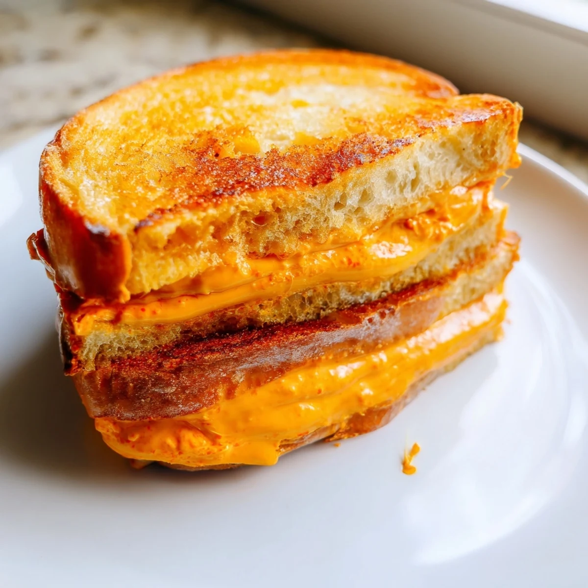 Crispy, golden Spiked Grilled Cheese with melting cheddar, slathered in spicy sriracha mayo, ready to eat.
