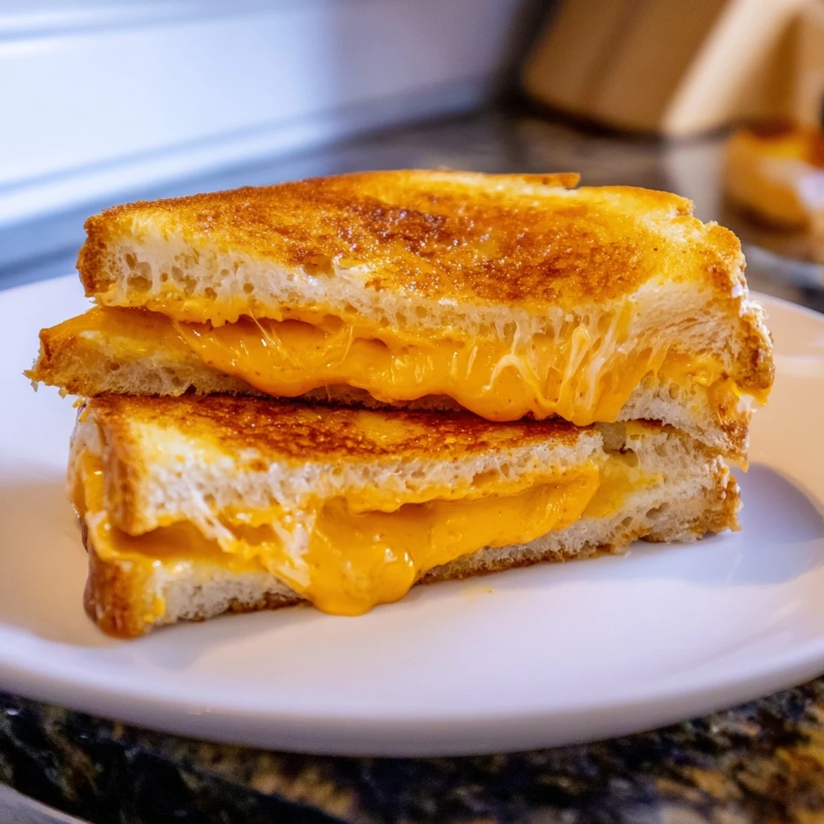 Close-up of a perfectly cooked Spiked Grilled Cheese, showcasing the bubbly, melted cheese pull and crusty bread.