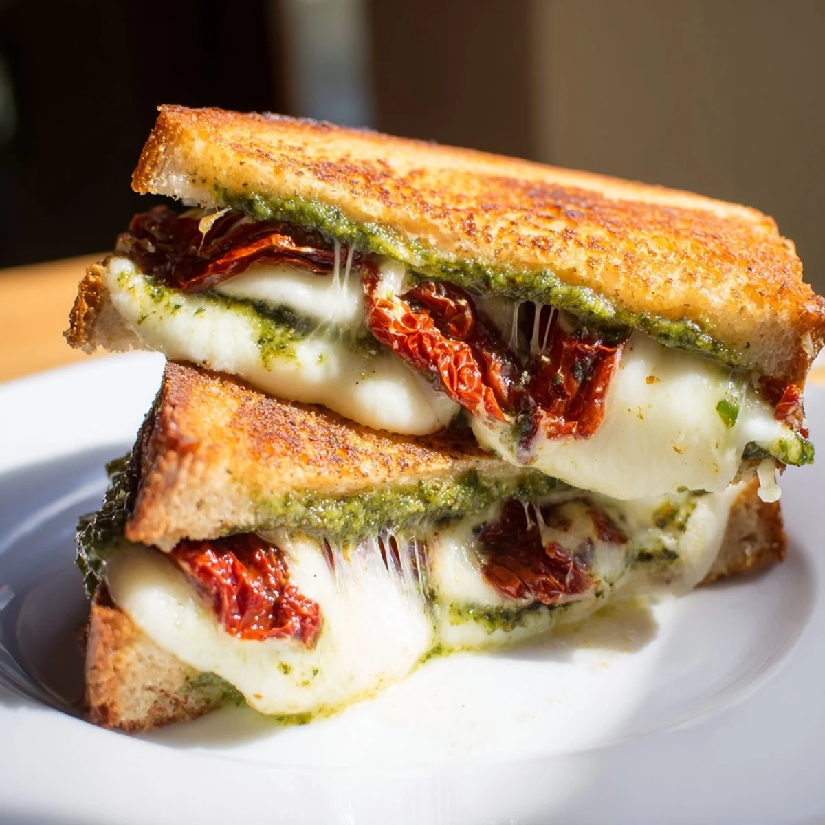 Golden-brown Pesto Grilled Cheese sandwich with melted mozzarella and bright red sun-dried tomatoes inside.