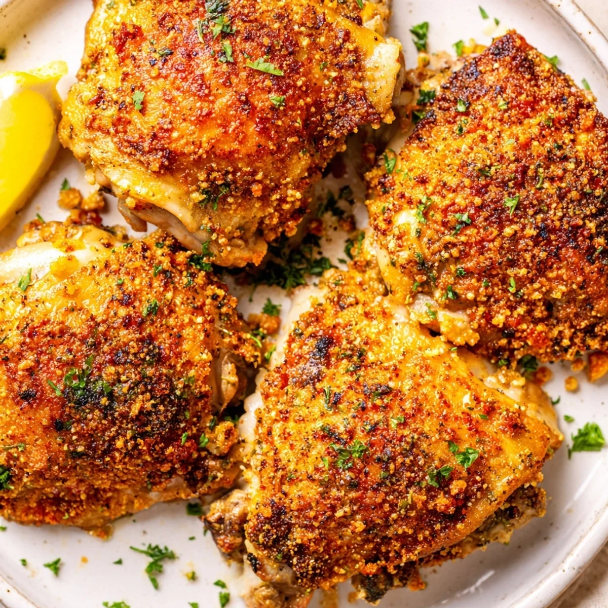 Golden and crispy Crispy Garlic Chicken Thighs with a glistening garlic crust, ready to devour.